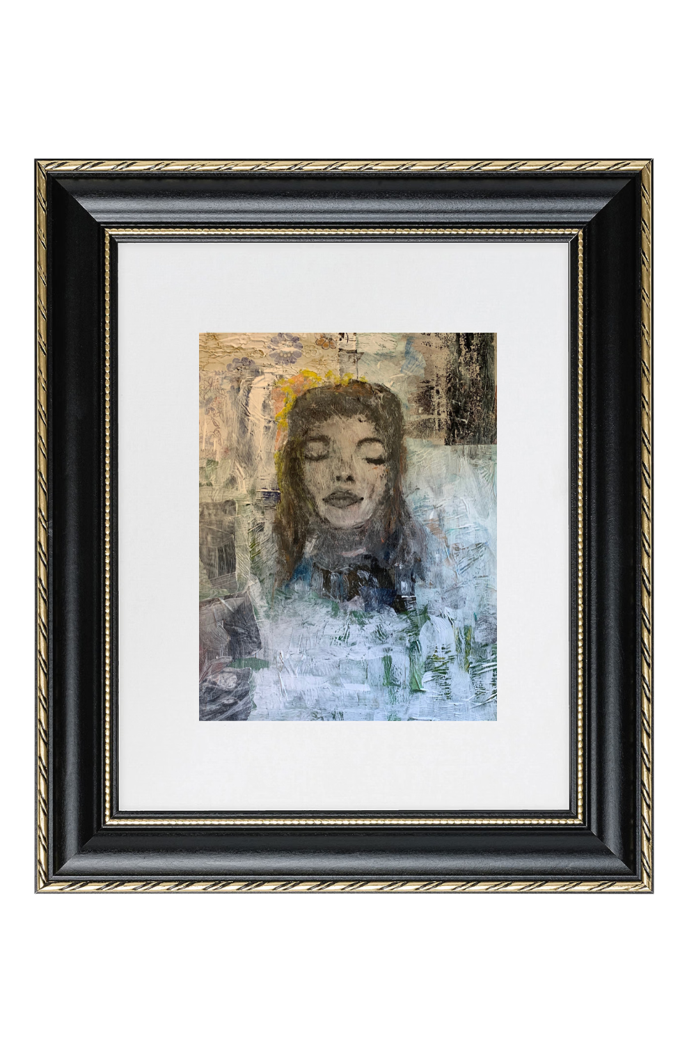 Framed portrait art print featuring an abstract painted woman with closed eyes, set in a black frame with a white mat and gold decorative trim.