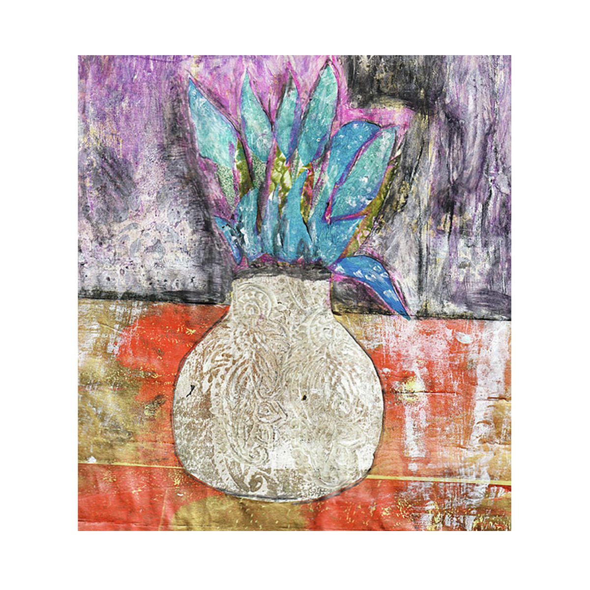 Corn Moon Art Print, detail of a floral expressionistic mixed-media collage on a white vase.