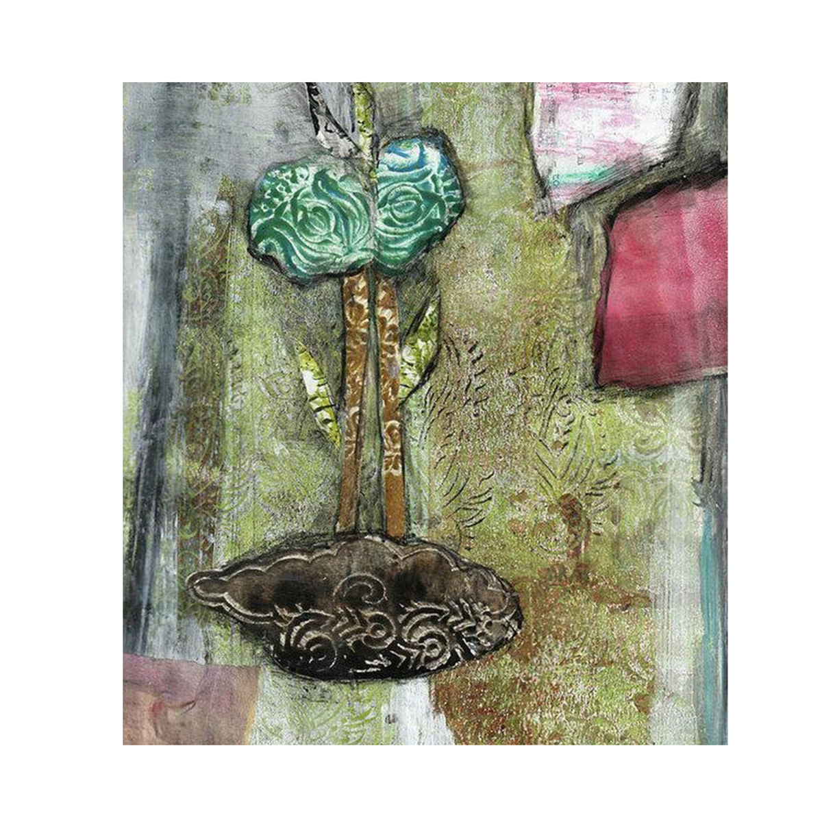 Hey Moon Art Print, detail of a floral expressionistic mixed-media collage..