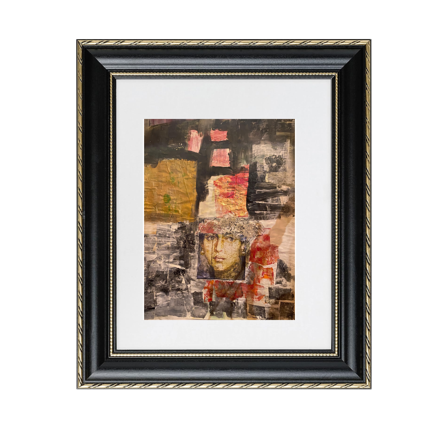  Cassia fine art print by contemporary artist Sara Palacios, featuring an elegant and expressive mixed-media portrait with exceptional narrative depth and detailed gallery textures. Framed in a black and gold frame.