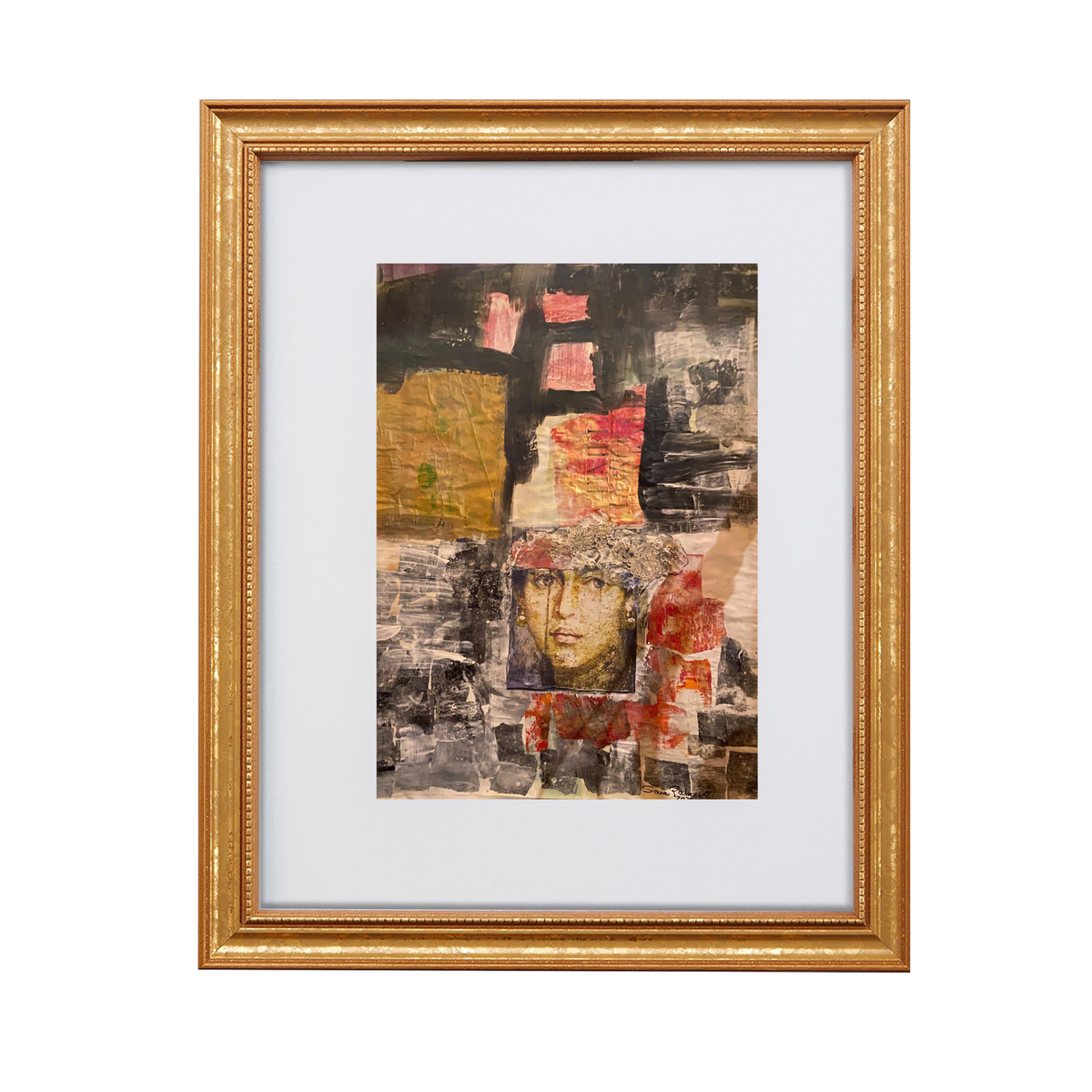 Cassia fine art print by contemporary artist Sara Palacios, featuring an elegant and expressive mixed-media portrait with exceptional narrative depth and detailed gallery textures. Framed in a gold frame.