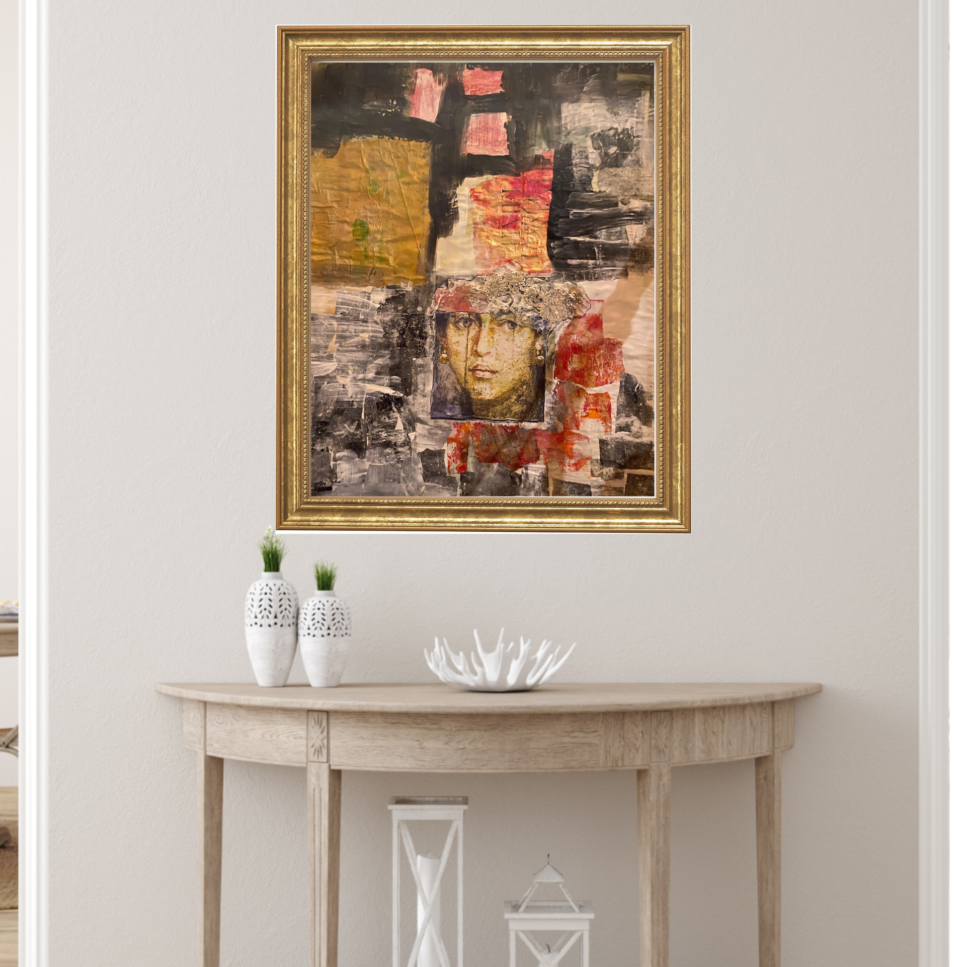  Cassia fine art portrait print by Sara Palacios showcasing museum-grade Giclée printing on premium archival paper. Framed in gold on a hallway wall. 