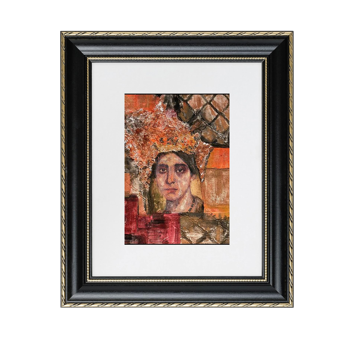Filippa fine art print by contemporary artist Sara Palacios, featuring an elegant and expressive mixed-media portrait with exceptional narrative depth and detailed gallery textures. Framed in a black and gold frame.
