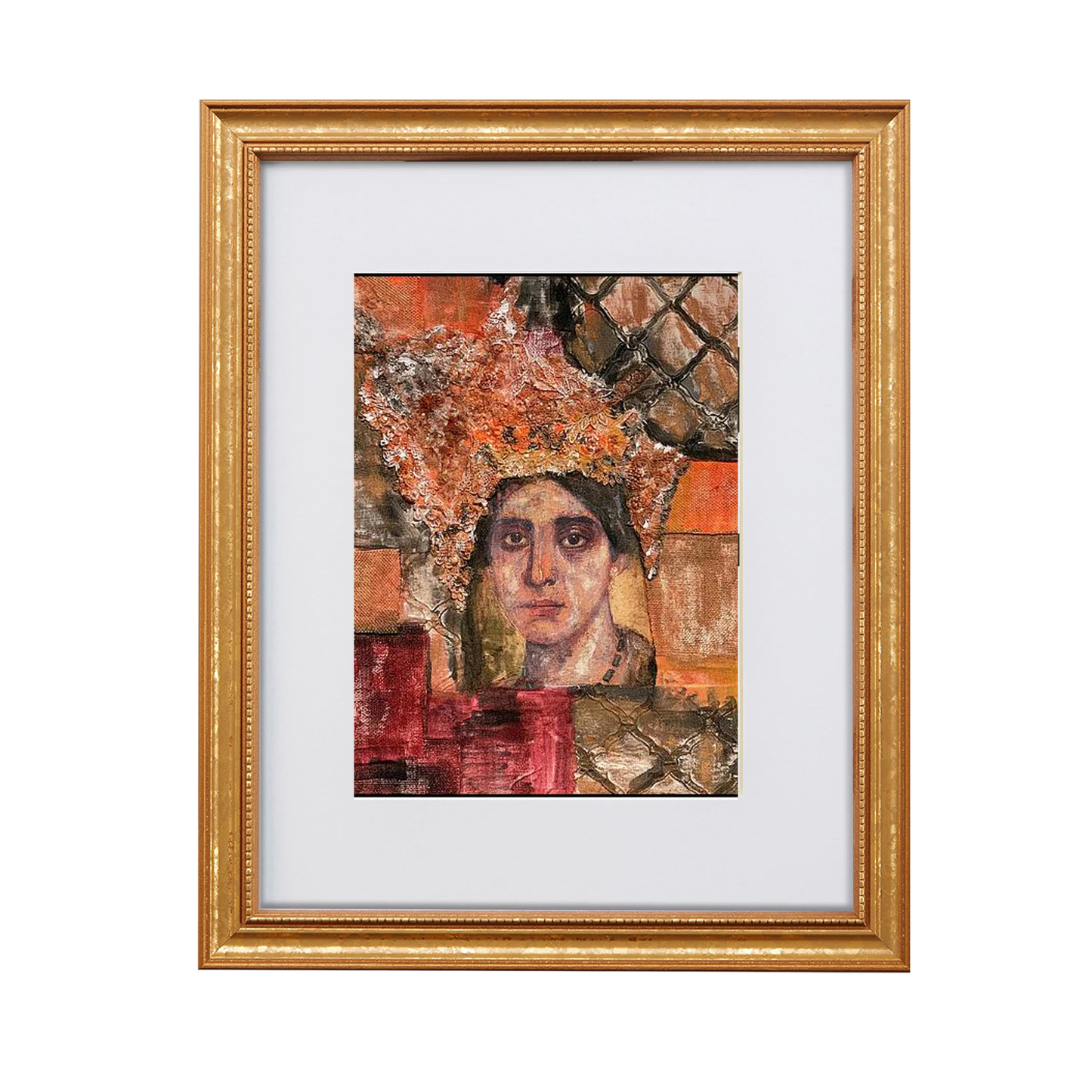 Filippa fine art print by contemporary artist Sara Palacios, featuring an elegant and expressive mixed-media portrait with exceptional narrative depth and detailed gallery textures. Framed in a gold frame
