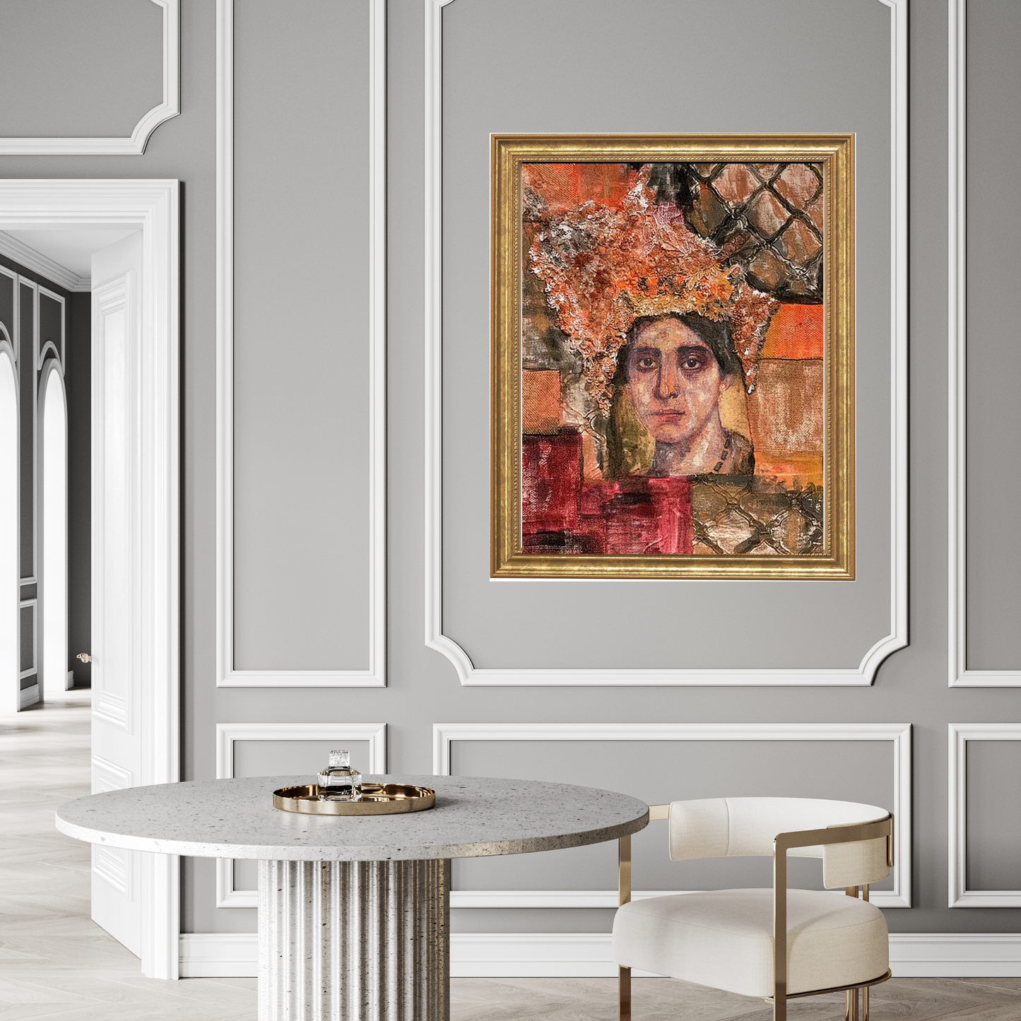 Filippa fine art portrait print by Sara Palacios showcasing museum-grade Giclée printing on premium archival paper. In a grey and white room, framed in a gold frame.
