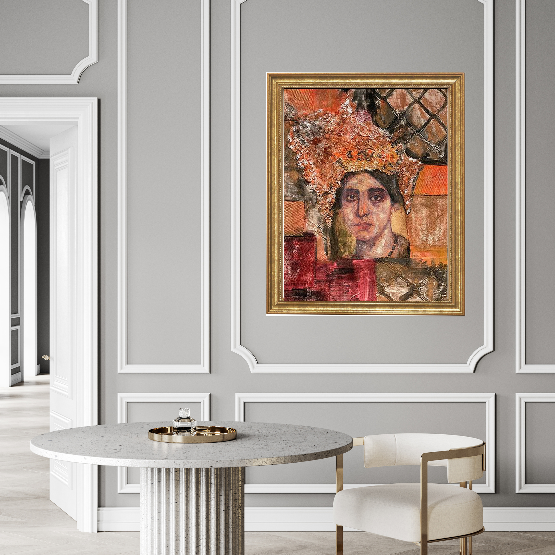 Filippa fine art portrait print by Sara Palacios showcasing museum-grade Giclée printing on premium archival paper. In a grey and white room, framed in a gold frame.

