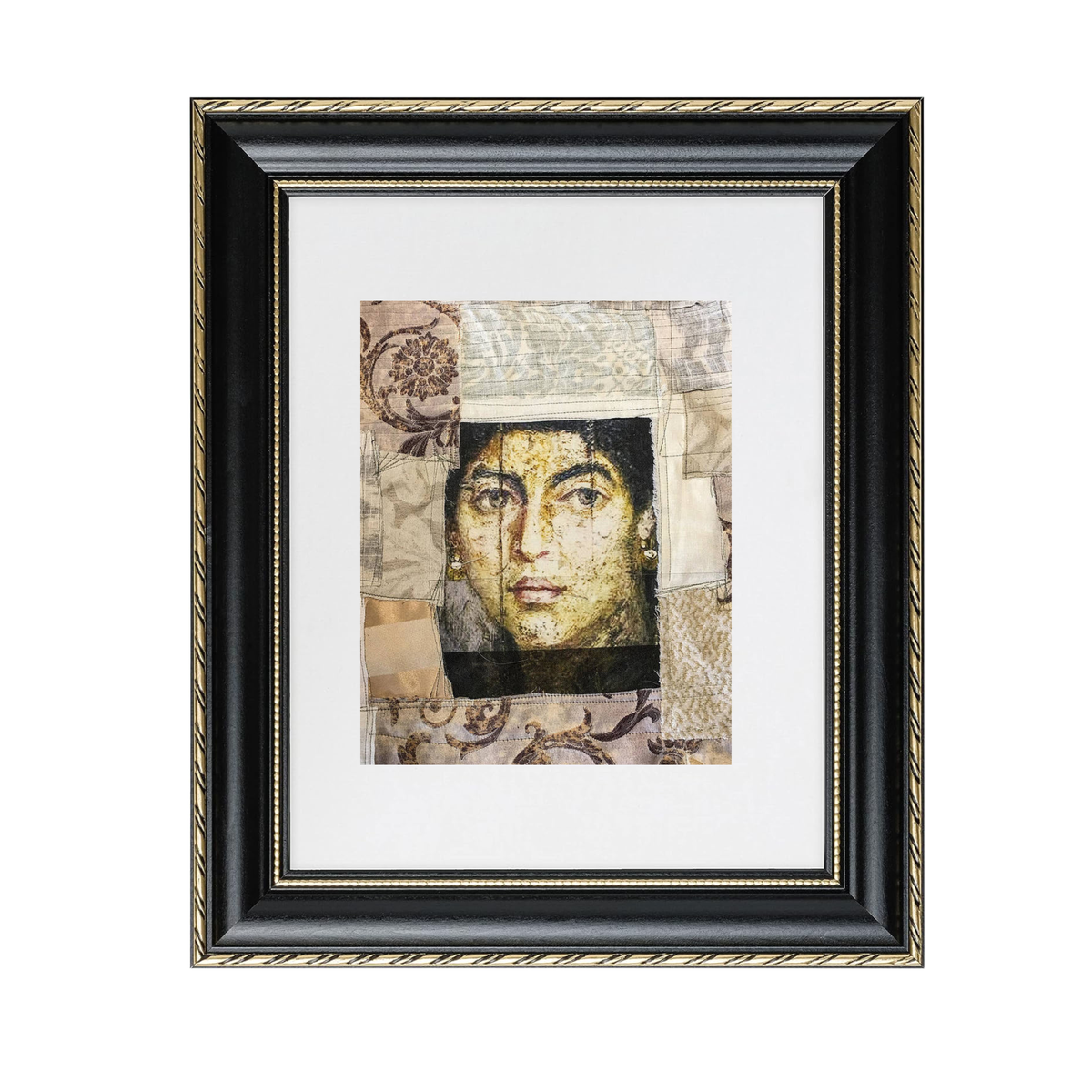 Ina fine art print by contemporary artist Sara Palacios, featuring an elegant and expressive mixed-media portrait with exceptional narrative depth and detailed gallery textures. Framed in a black and gold frame
