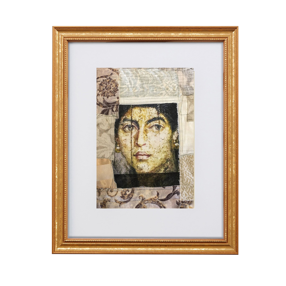 Ina fine art print by contemporary artist Sara Palacios, featuring an elegant and expressive mixed-media portrait with exceptional narrative depth and detailed gallery textures. Framed in a gold frame.
