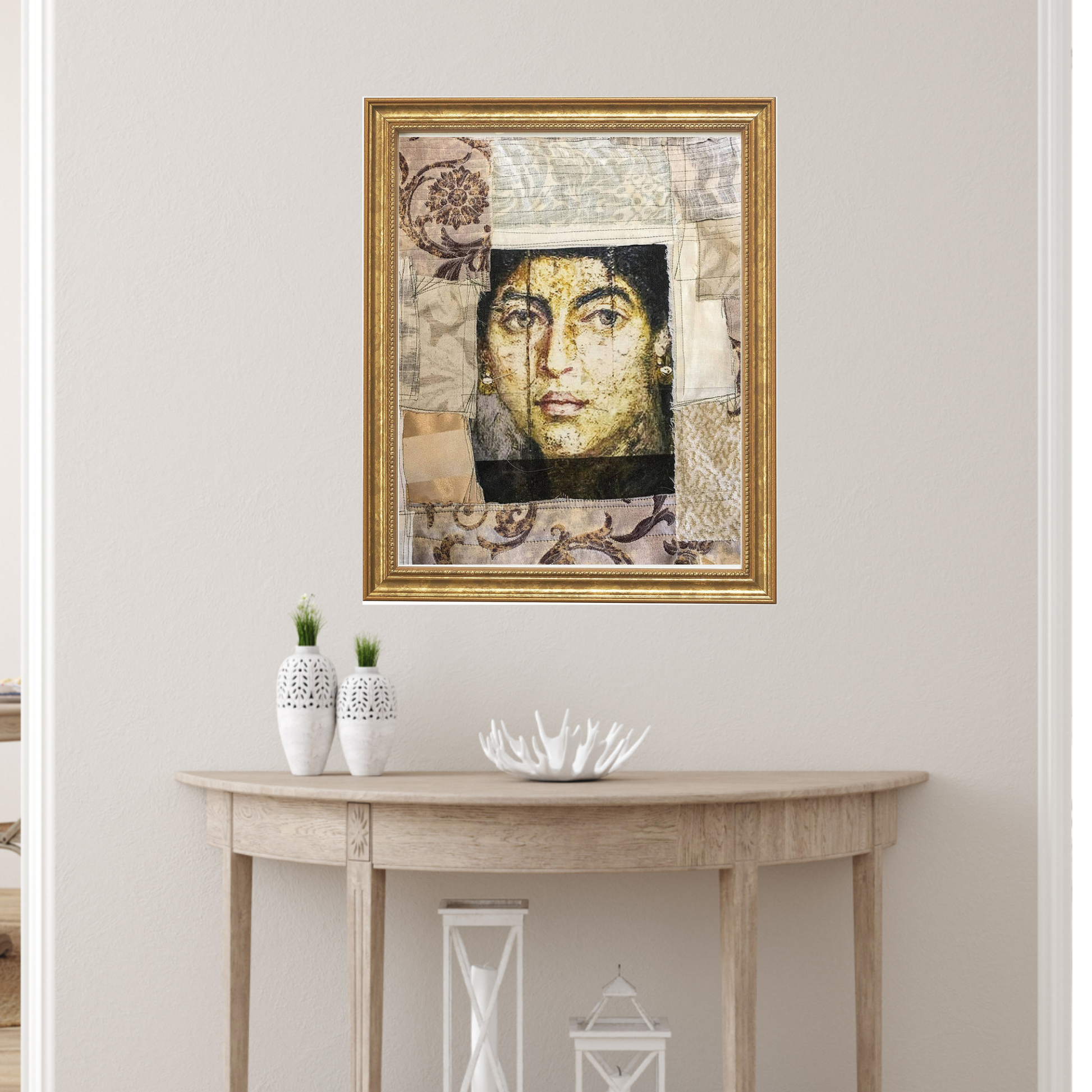  Ina fine art portrait print by Sara Palacios showcasing museum-grade Giclée printing on premium archival paper. On top of a table, framed in a gold frame.
