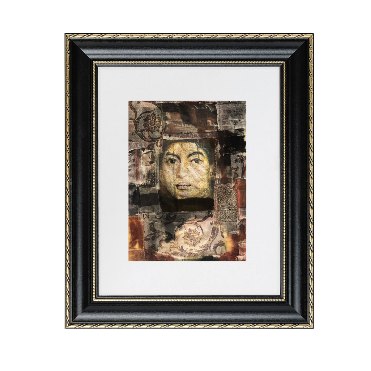 Isa fine art print by contemporary artist Sara Palacios, featuring an elegant and expressive mixed-media portrait with exceptional narrative depth and detailed gallery textures. Framed in a black and gold frame.


