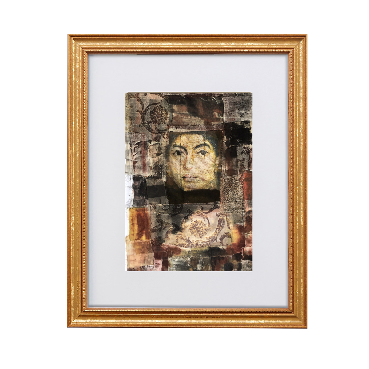 Isa fine art print by contemporary artist Sara Palacios, featuring an elegant and expressive mixed-media portrait with exceptional narrative depth and detailed gallery textures. Framed in a gold frame.