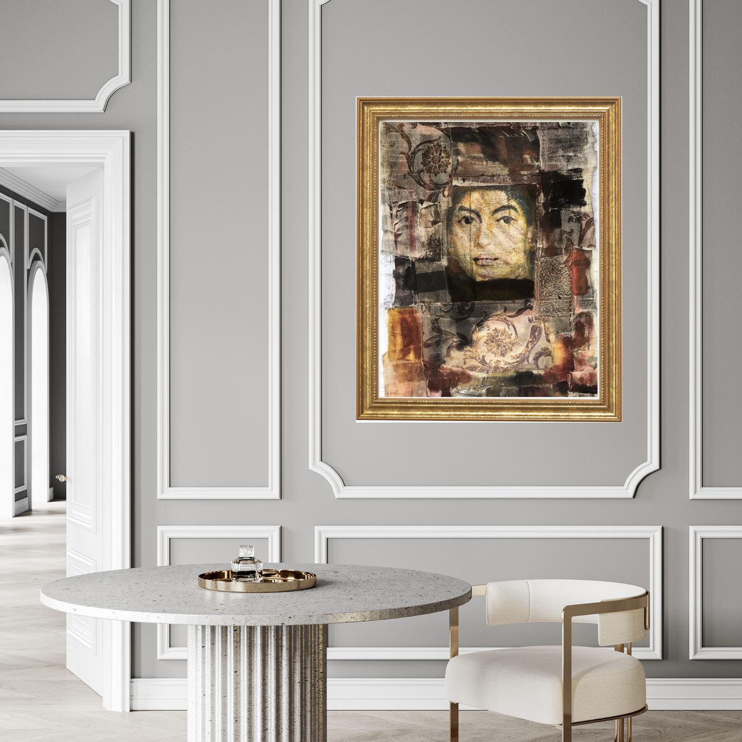  Isa fine art portrait print by Sara Palacios showcasing museum-grade Giclée printing on premium archival paper. In a gold frame, hanging in a gray/white dining room.

