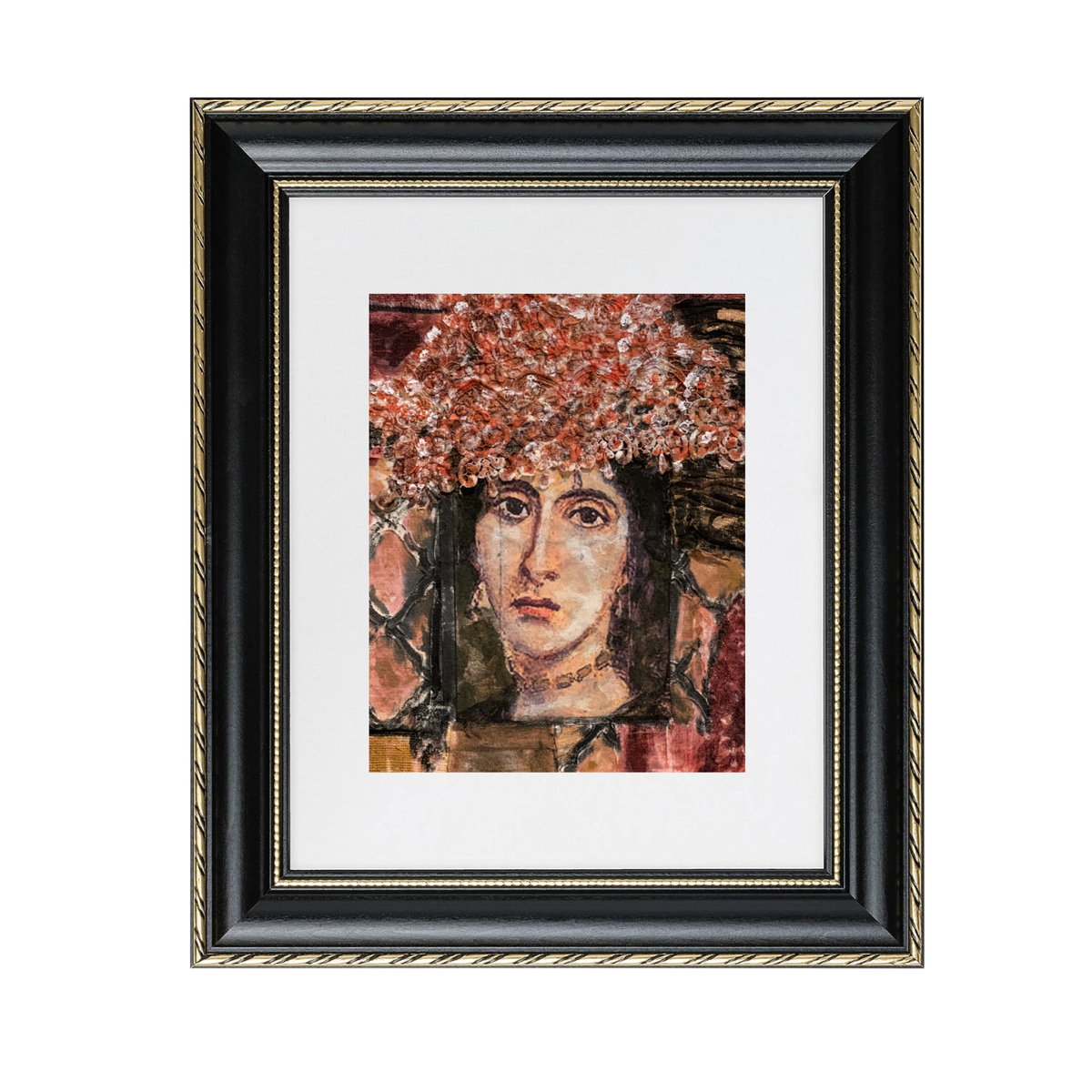  Lavina fine art print by contemporary artist Sara Palacios, featuring a soulful and evocative mixed-media portrait with deep narrative expression and rich gallery-level textures. Framed in a black-and-gold frame.



