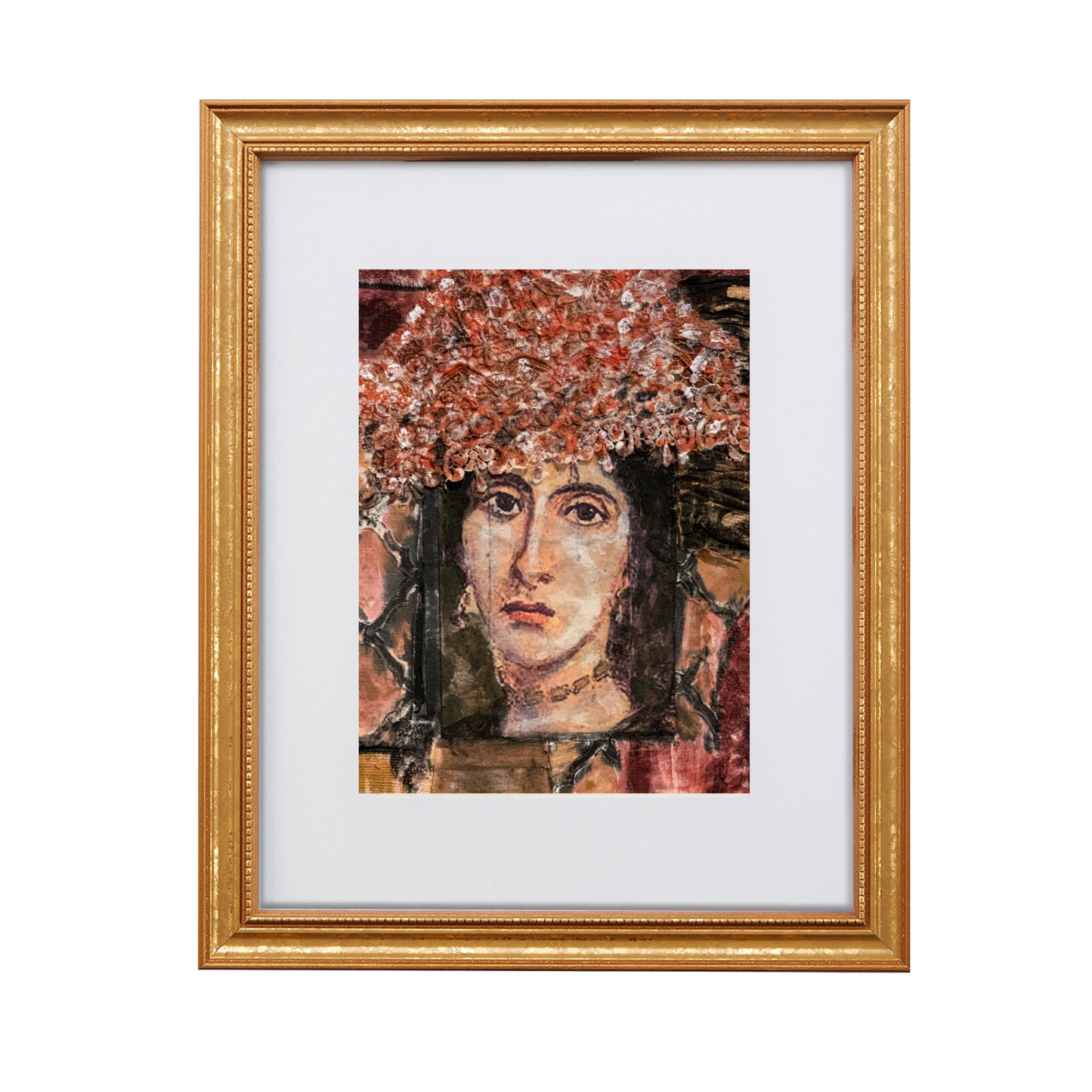  Lavina fine art print by contemporary artist Sara Palacios, featuring a soulful and evocative mixed-media portrait with deep narrative expression and rich gallery-level textures. Framed in a gold frame.
