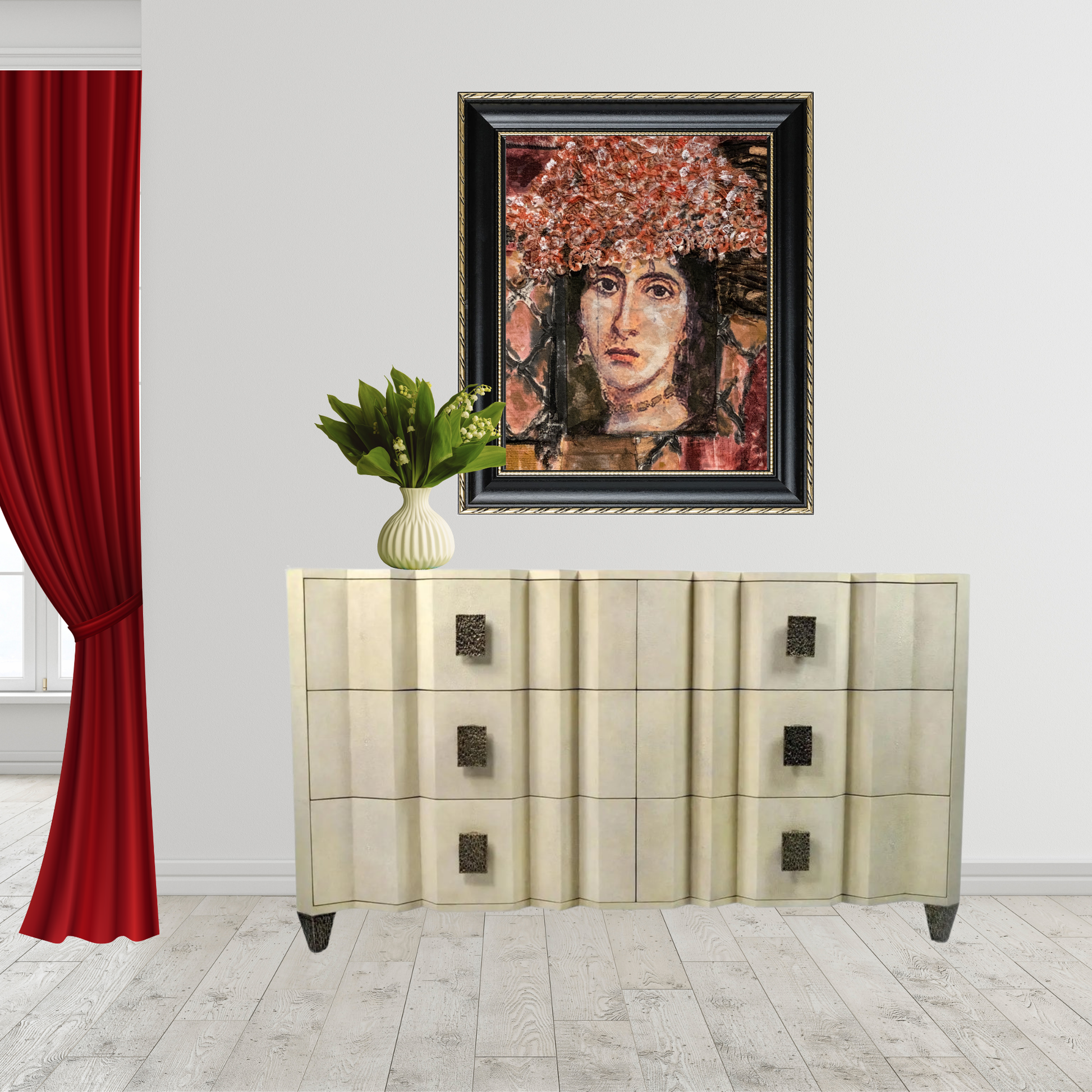 Lavina fine art portrait print by Sara Palacios showcasing expressive mixed-media details on premium museum-grade paper. Framed in a black and gold frame on top of a white dresser.
