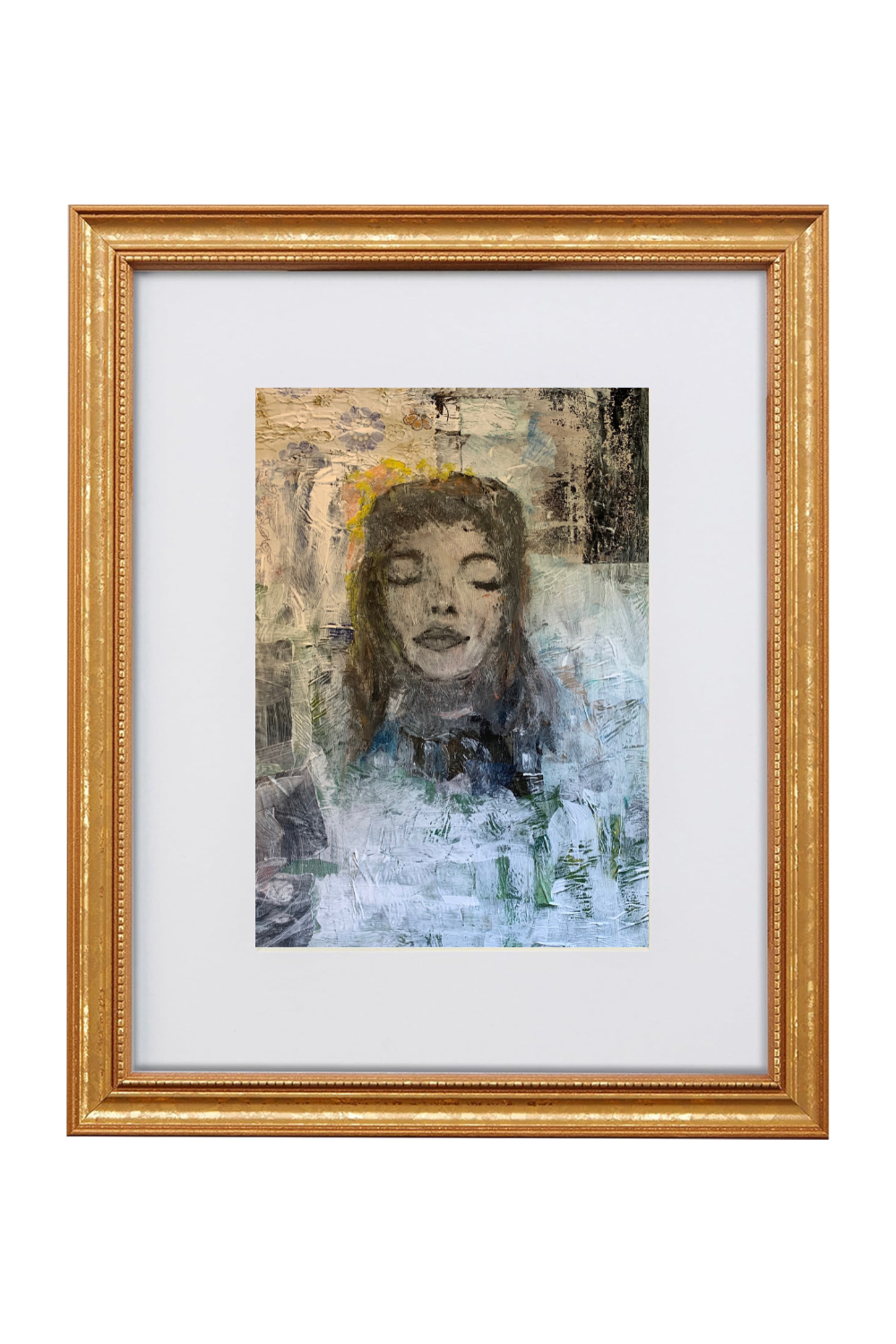 A framed art print featuring an abstract portrait of a woman with closed eyes, set in a white mat and a decorative gold frame against a plain white background.