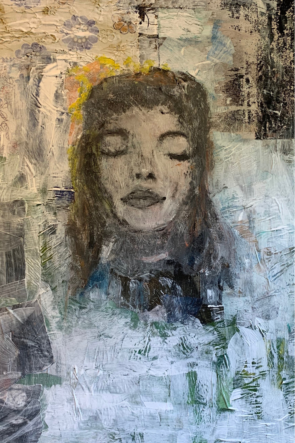 An abstract mixed-media portrait painting of a woman with closed eyes, rendered in textured brushstrokes of gray, white, black, blue, green, and soft yellow accents.