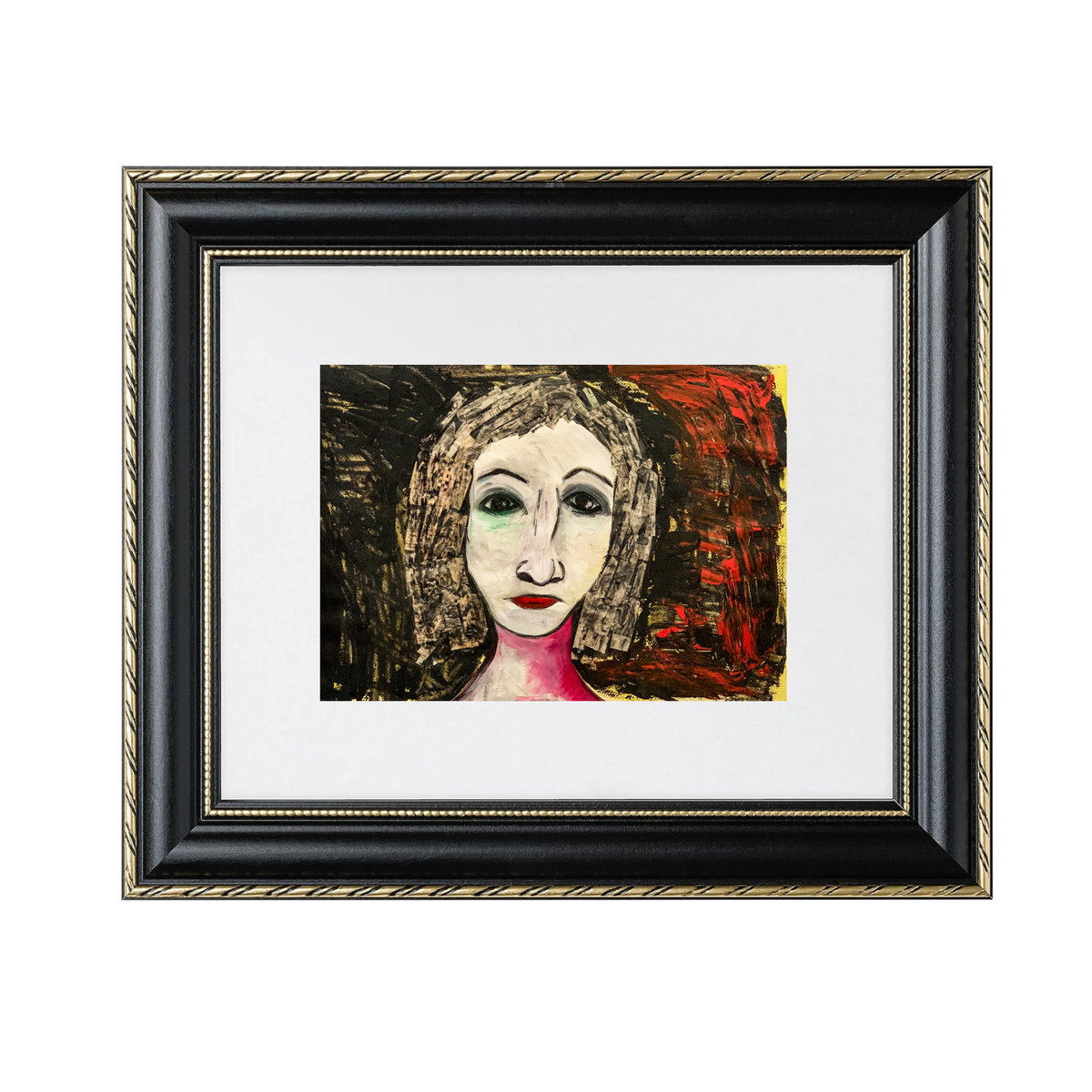 Regina fine art print by contemporary artist Sara Palacios, showcasing a majestic and expressive mixed-media portrait with intricate textures and profound narrative depth.Framed in a black and gold frame.