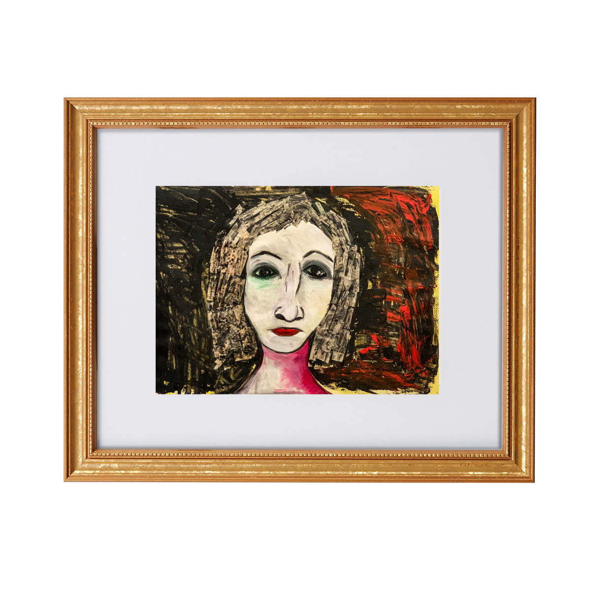 Regina fine art print by contemporary artist Sara Palacios, showcasing a majestic and expressive mixed-media portrait with intricate textures and profound narrative depth.Framed in a gold frame.