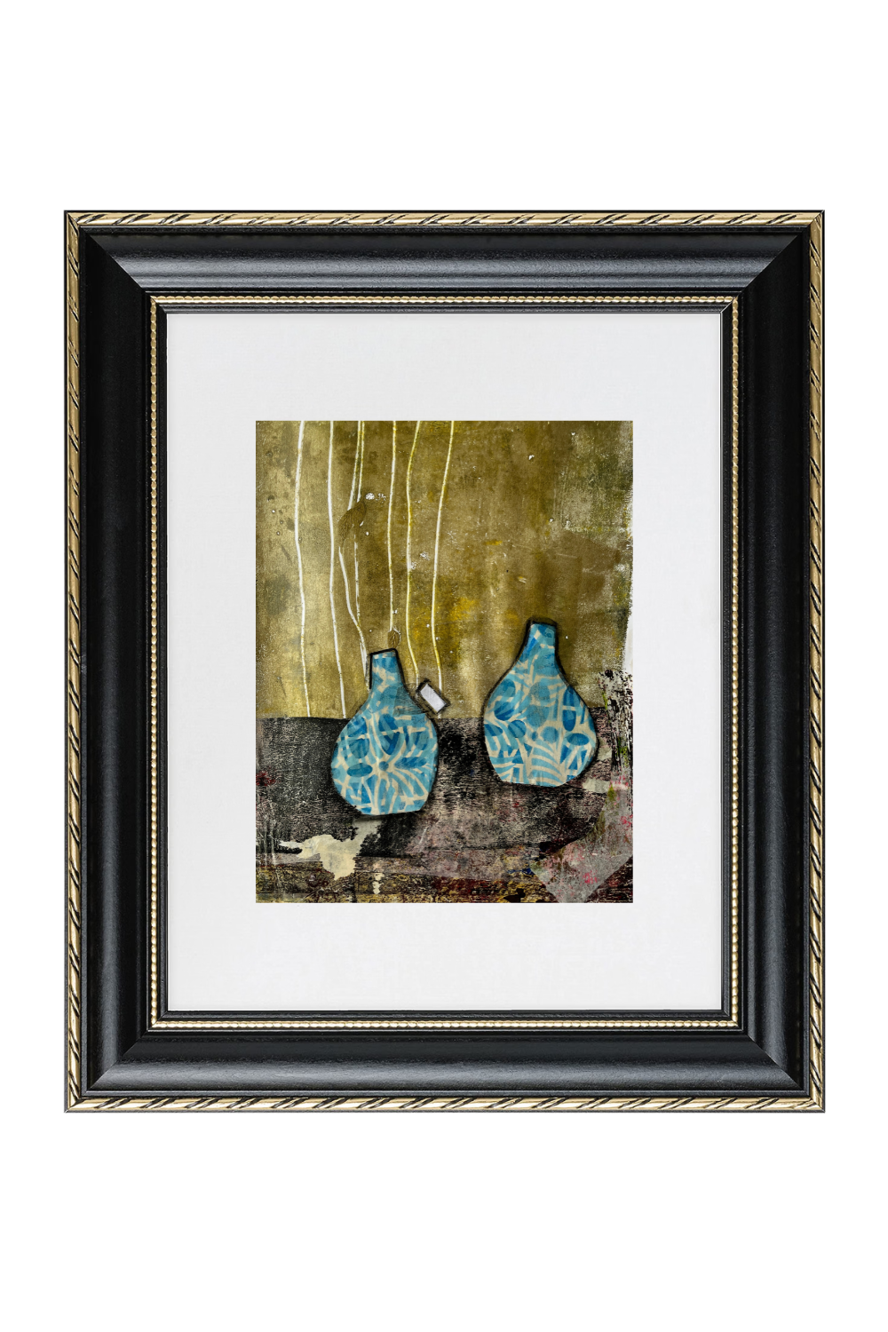 Framed mixed-media art print featuring two blue patterned ceramic vases against a textured gold and brown background, presented in a black frame with a gold accent line and white mat.