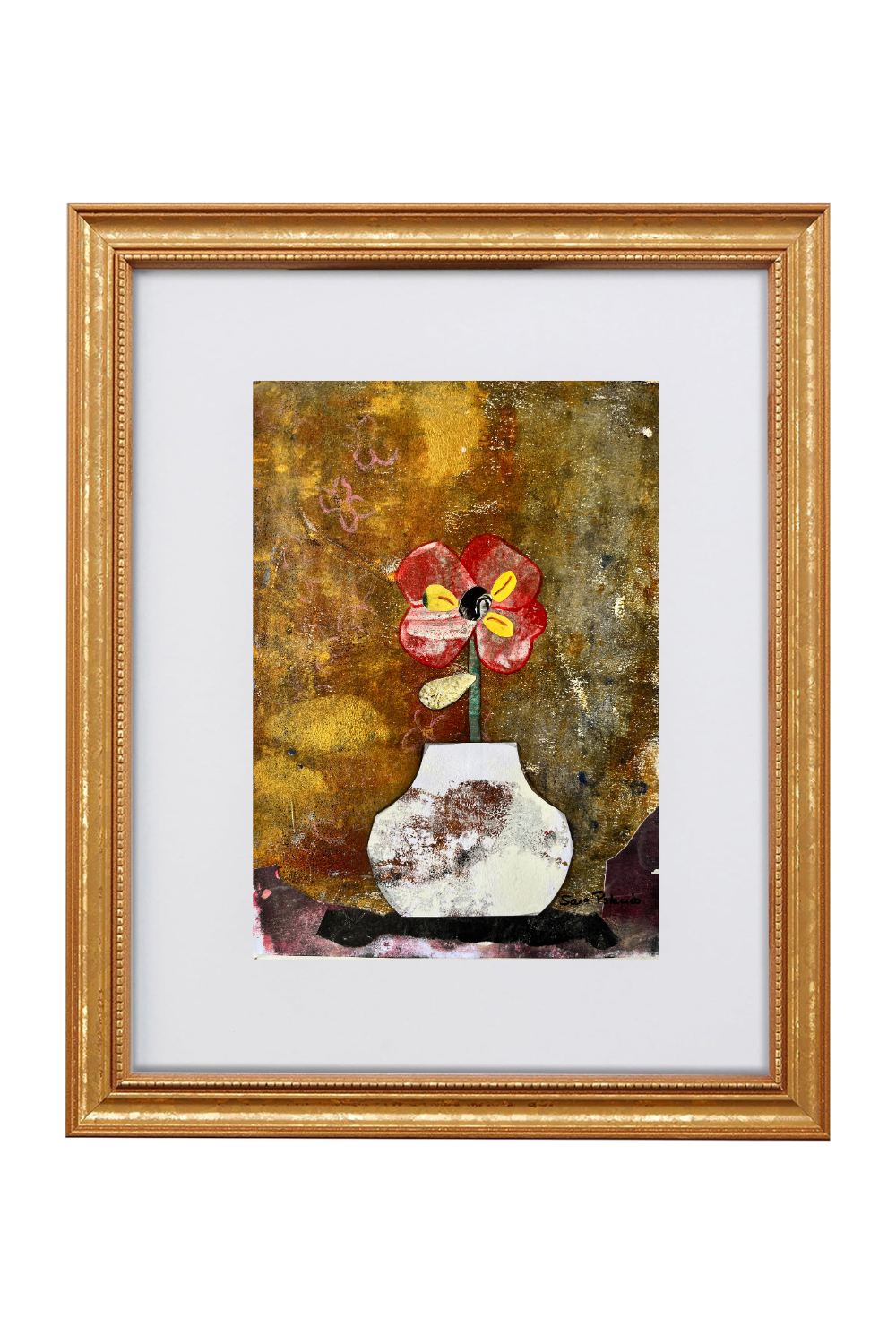 Framed still life artwork featuring a red and yellow flower in a white vase against a textured gold and brown background, presented in a gold ornate frame with a white mat.