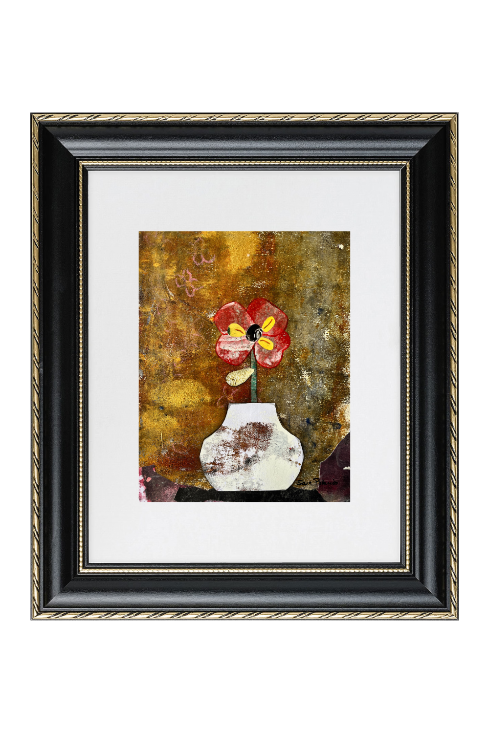 Framed wall art featuring a still life painting of a red and yellow flower in a white vase against a textured gold and brown background, set in a black frame with a white mat.