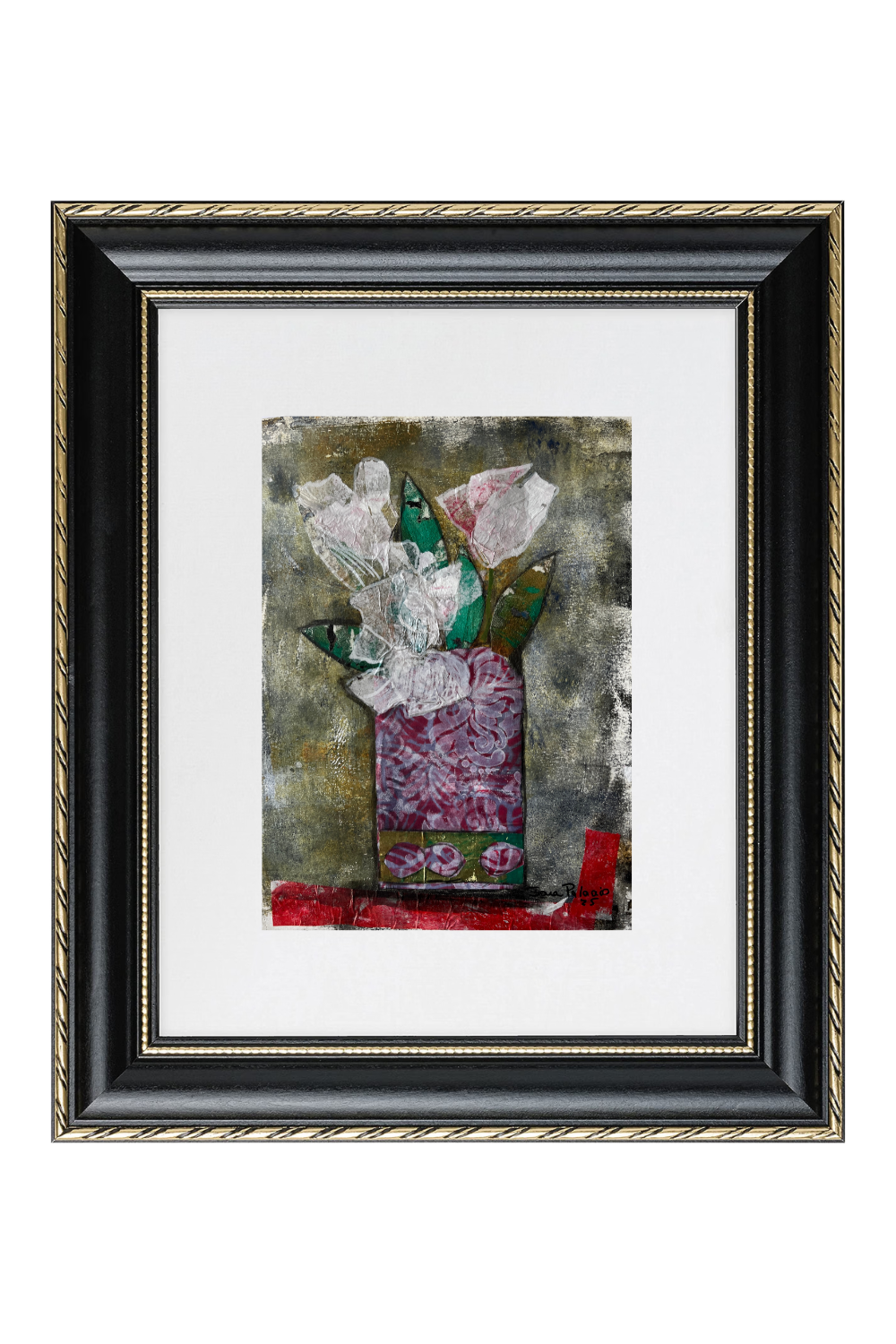 A framed art print featuring a textured still life painting of white roses in a patterned vase, set against a dark gray and green background. The artwork is matted with a wide white mat and enclosed in a black frame with a gold decorative border.