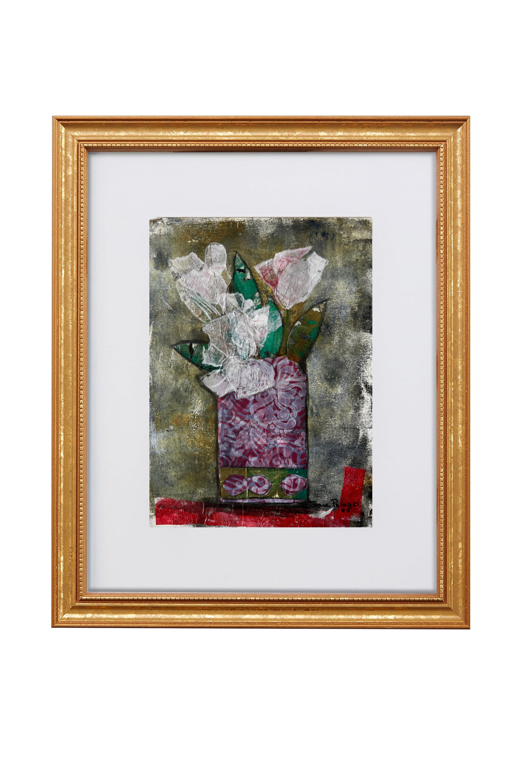 A framed still life painting featuring white flowers in a patterned purple vase, set against a textured gray and green background, enclosed in a gold frame with a white mat.