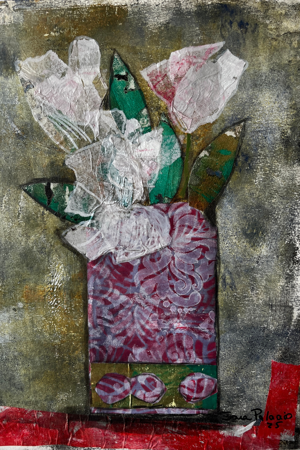 An abstract mixed-media painting of a vase filled with flowers, featuring textured layers of red, green, white, and gray with a signature in the lower right corner.