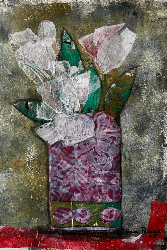 An abstract mixed-media painting of a vase filled with flowers, featuring textured layers of red, green, white, and gray with a signature in the lower right corner.