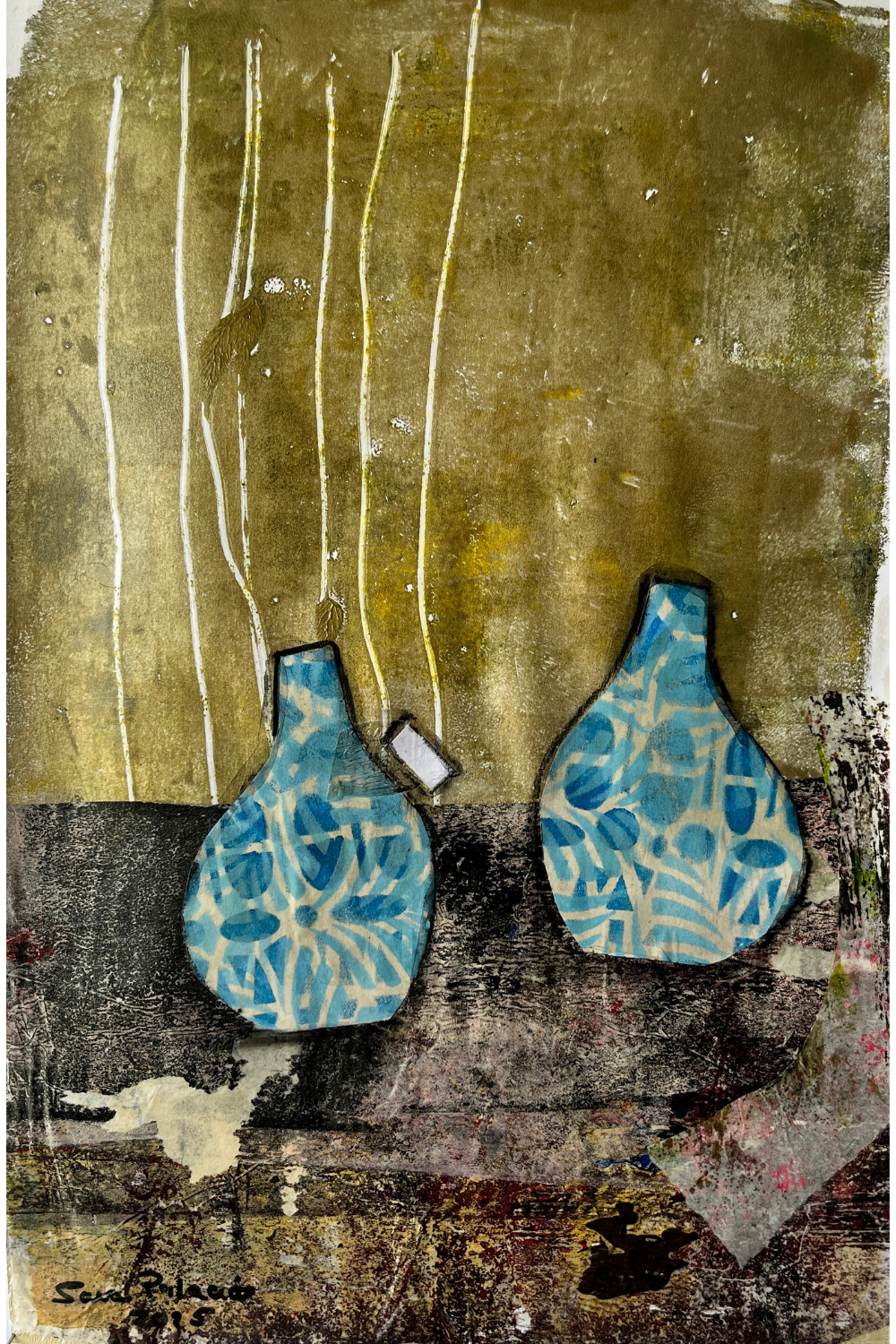 Mixed-media artwork featuring two blue and white patterned ceramic vases on a textured background of olive green, brown, and black with vertical white lines.