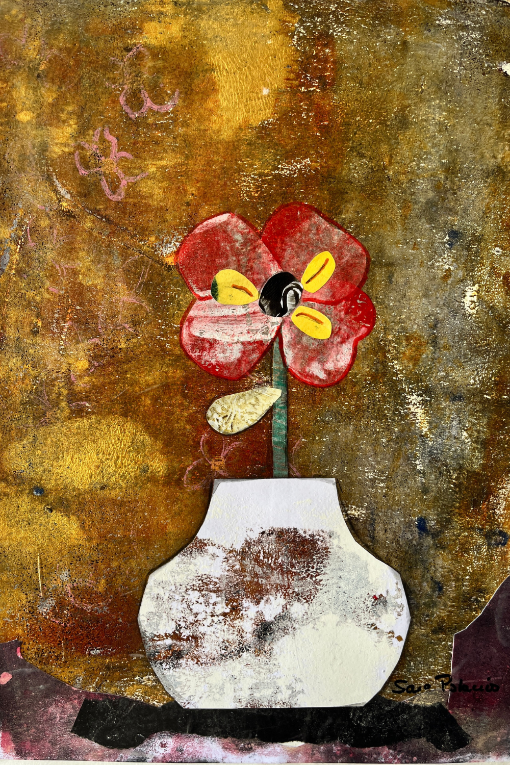 Artistic depiction of a red flower with a yellow center in a white vase on a textured brown background.