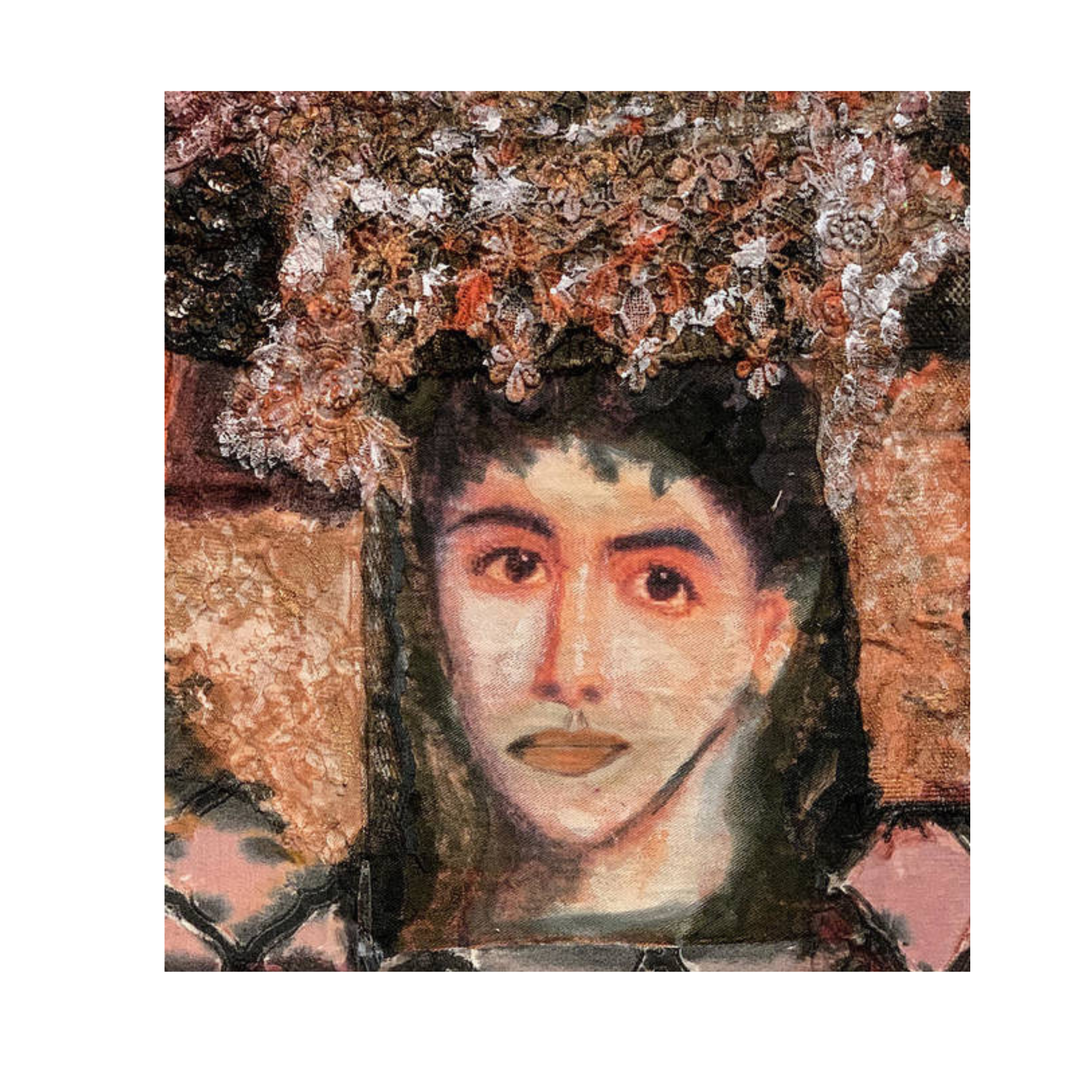 Anastasia fine art print by contemporary artist Sara Palacios, featuring a soulful mixed-media portrait of a woman wearing an intricate, highly textured crown of antique lace and pearls against a warm terracotta-and-gold background.