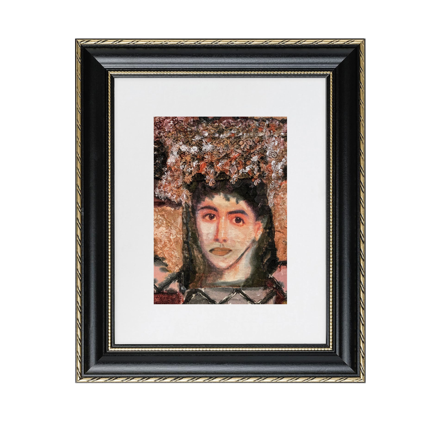 Anastasia fine art print by contemporary artist Sara Palacios, featuring a soulful mixed-media portrait of a woman wearing an intricate, highly textured crown of antique lace and pearls against a warm terracotta-and-gold background. Framed in a black-and-gold frame.
