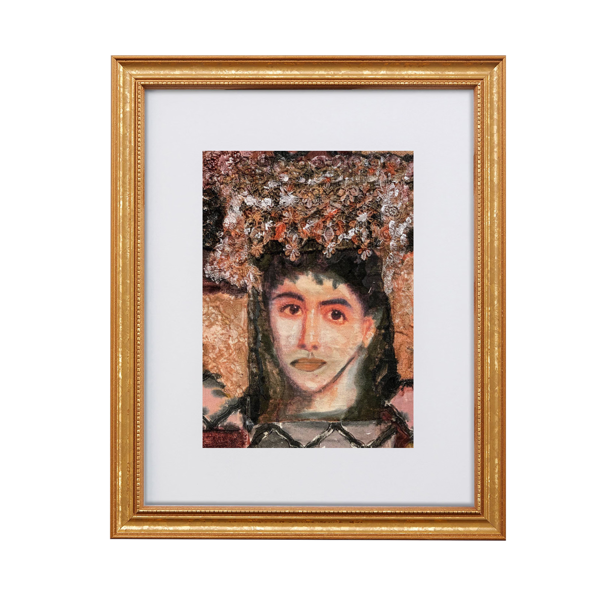 Anastasia fine art print by contemporary artist Sara Palacios, featuring a soulful mixed-media portrait of a woman wearing an intricate, highly textured crown of antique lace and pearls against a warm terracotta-and-gold background. Framed in a gold frame.
