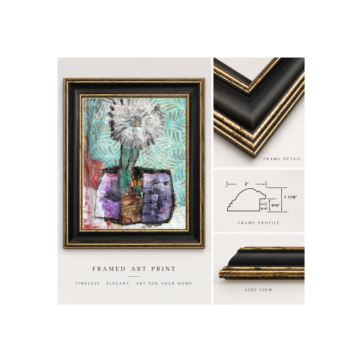 Framed art print product presentation on a light gray background, showing the framed artwork, a close-up frame detail, a frame profile dimension diagram, and a side view of the frame. The artwork features an abstract floral design with purple, teal, white, and red tones.