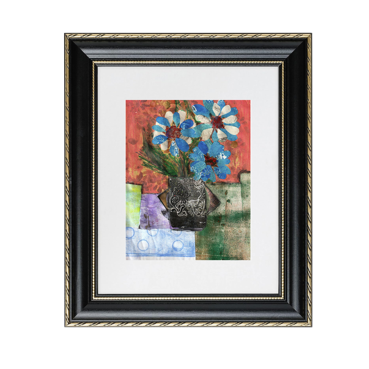 Cold Moon Art Print, a floral expressionistic mixed-media collage on a black vase.Framed in a black and gold frame.

