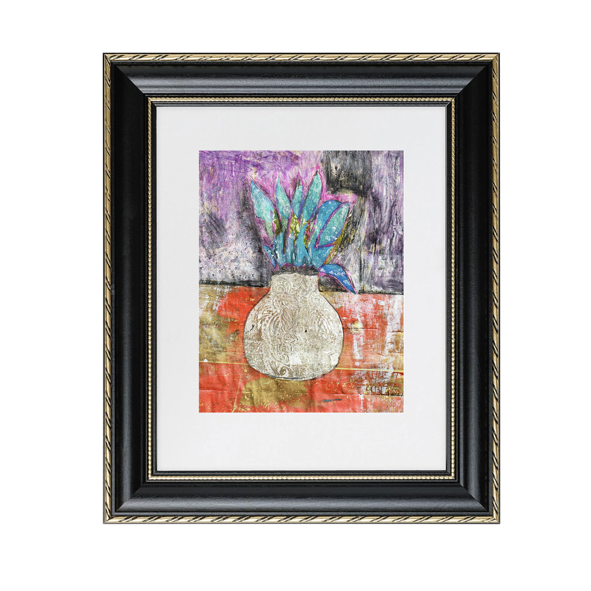 Corn Moon Art Print, a floral expressionistic mixed-media collage on a white vase.Framed in a black and gold frame.
