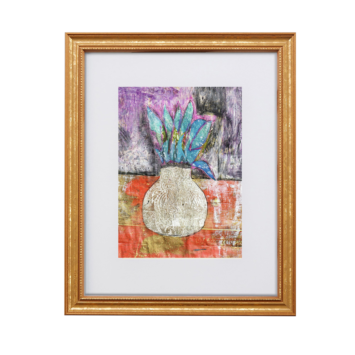 Corn Moon Art Print, a floral expressionistic mixed-media collage on a white vase.Framed in a gold frame.

