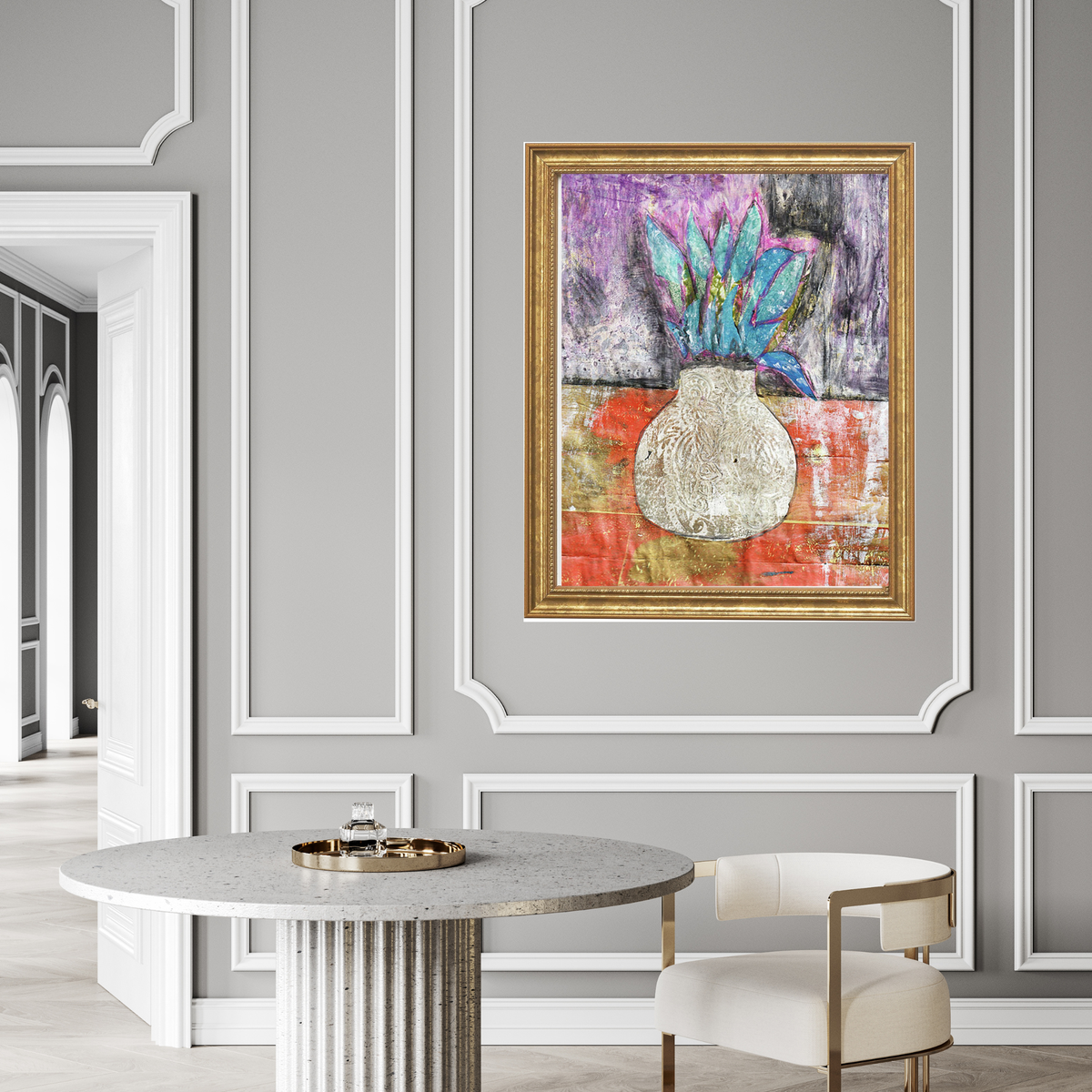The organic contemporary fine art print Corn Moon by Sara Palacios, displayed elegantly within a sophisticated, minimalist interior gallery setting with a solid wood gold frame.