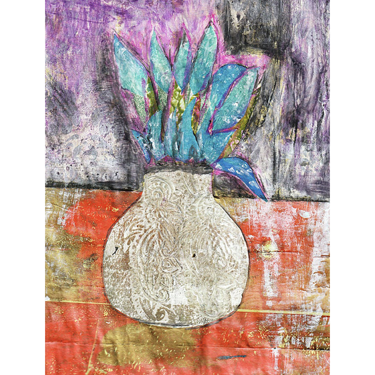 Corn Moon Art Print, a floral expressionistic mixed-media collage on a white vase.
