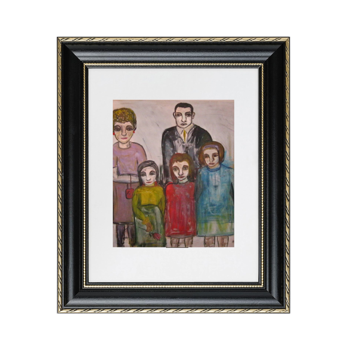  Family fine art print by contemporary artist Sara Palacios, showcasing an evocative and tender mixed-media portrait with deep emotional warmth, rich storytelling, and gallery-level textures. Framed in a black-and-gold frame
