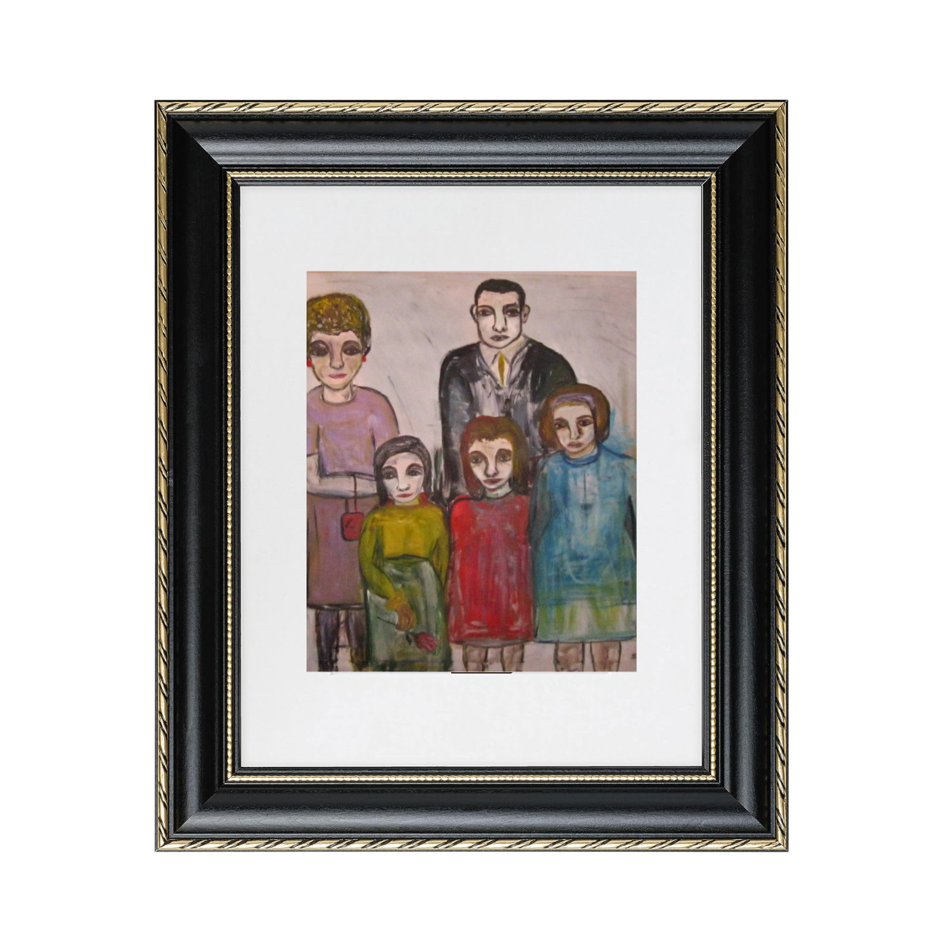  Family fine art print by contemporary artist Sara Palacios, showcasing an evocative and tender mixed-media portrait with deep emotional warmth, rich storytelling, and gallery-level textures. Framed in a black-and-gold frame
