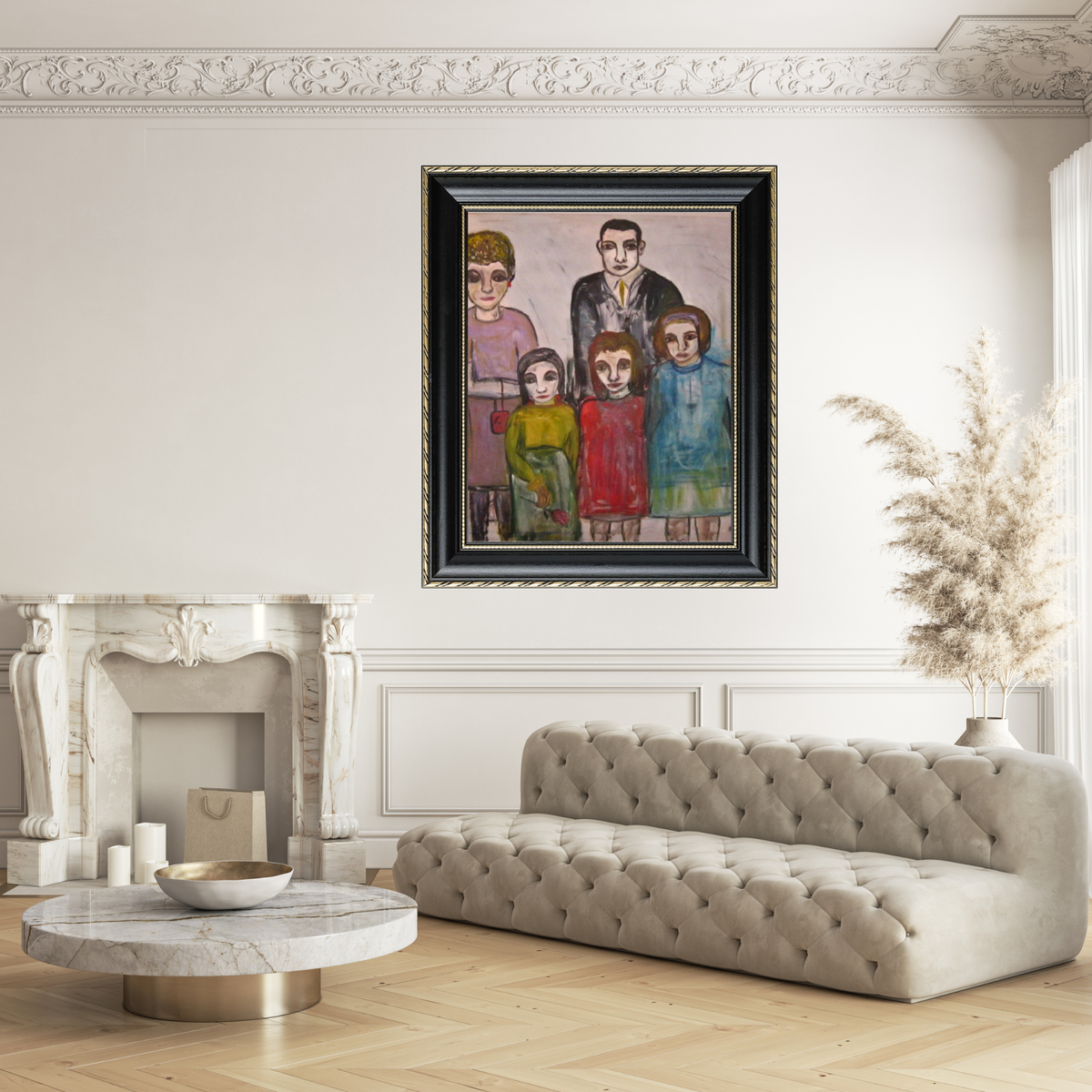 Cuban Family fine art portrait print by Sara Palacios featuring museum-grade Giclée printing on archival paper. Framed in a black-and-gold frame inside a modern living room.
