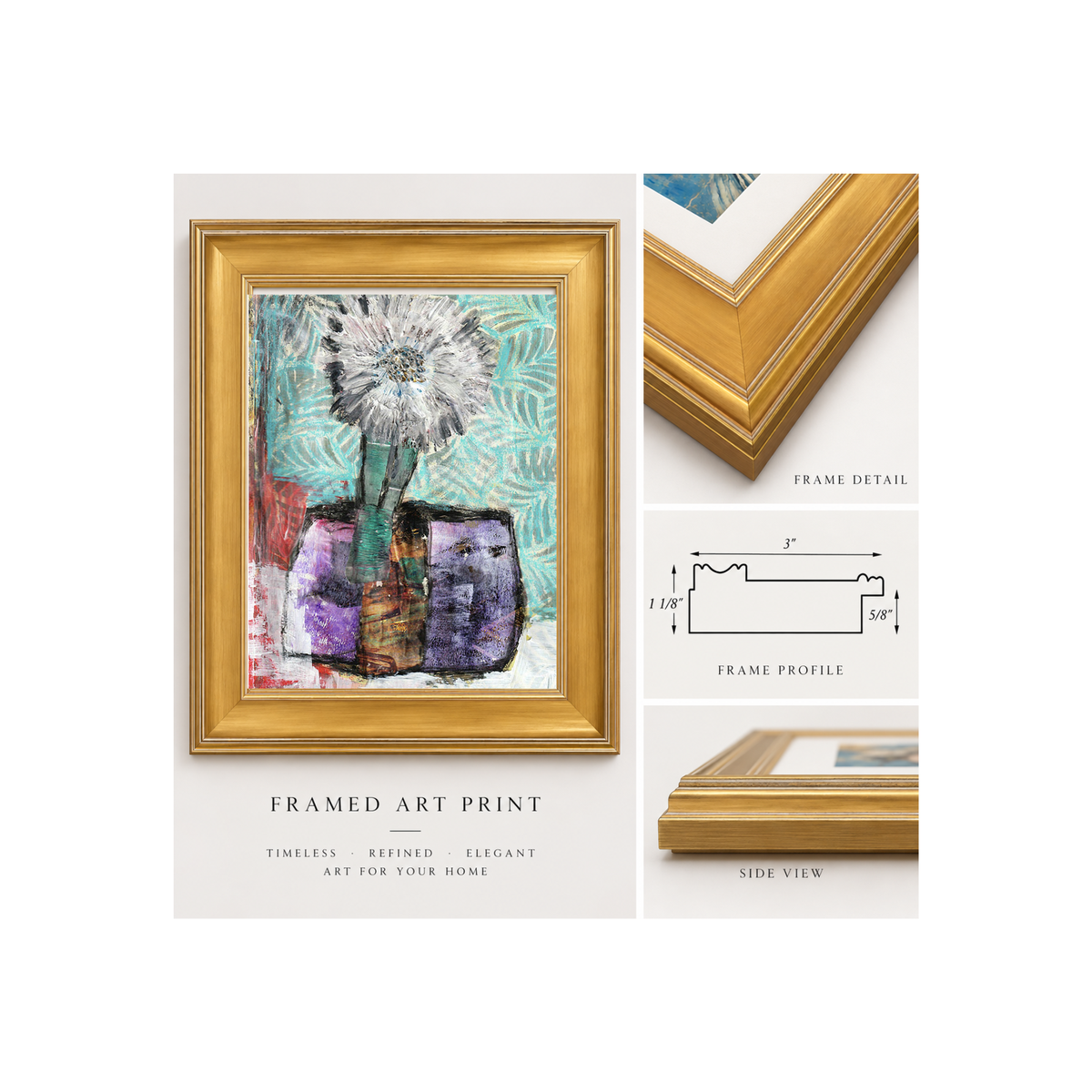 Framed art print featuring an abstract floral painting in a gold frame, shown on a light beige background with inset detail views of the frame, a profile measurement diagram, and a side view.