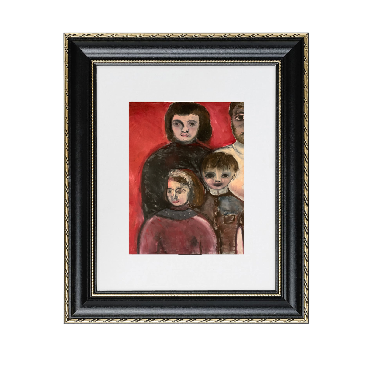 Her Kids fine art print by contemporary artist Sara Palacios, featuring an evocative, tender mixed-media portrait with deep emotional warmth and rich, gallery-level textures. Framed in a black and gold frame.
