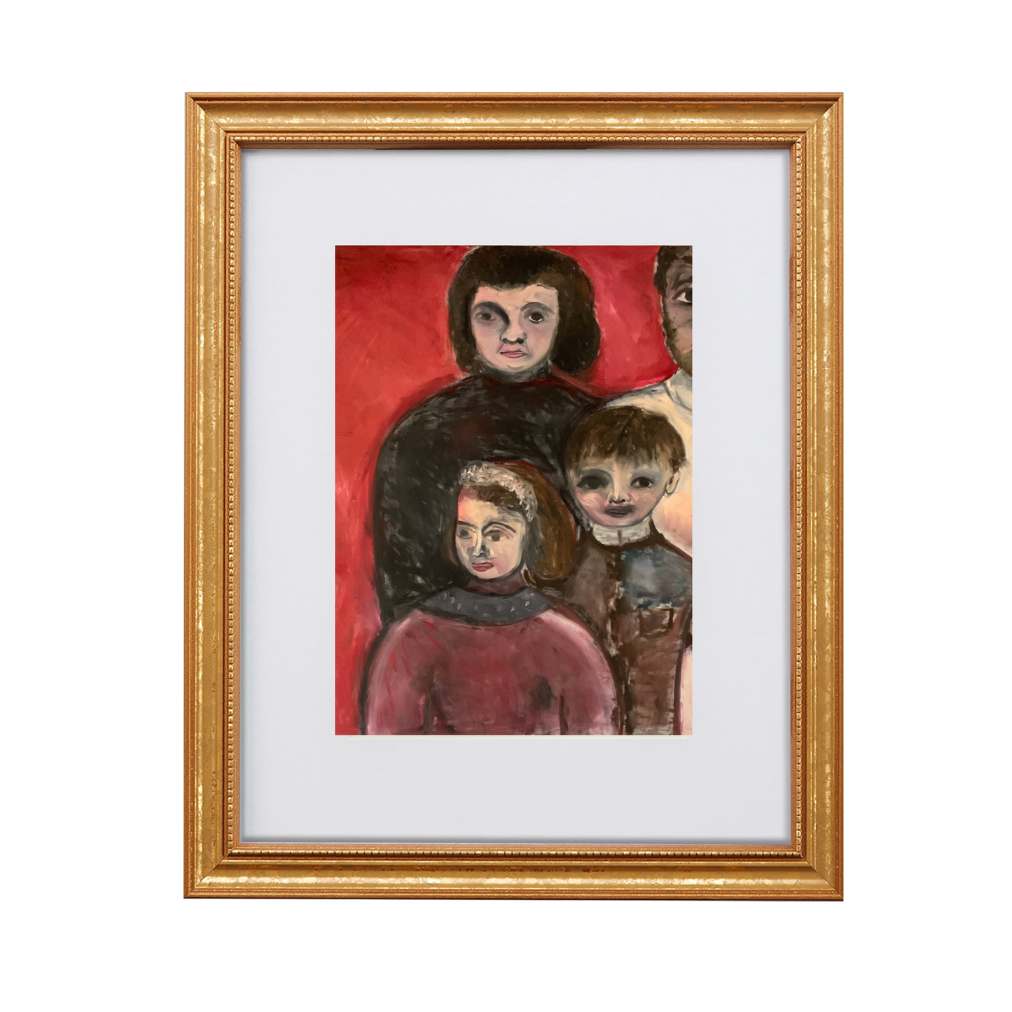 Her Kids fine art print by contemporary artist Sara Palacios, featuring an evocative, tender mixed-media portrait with deep emotional warmth and rich, gallery-level textures. Framed in a gold frame.

