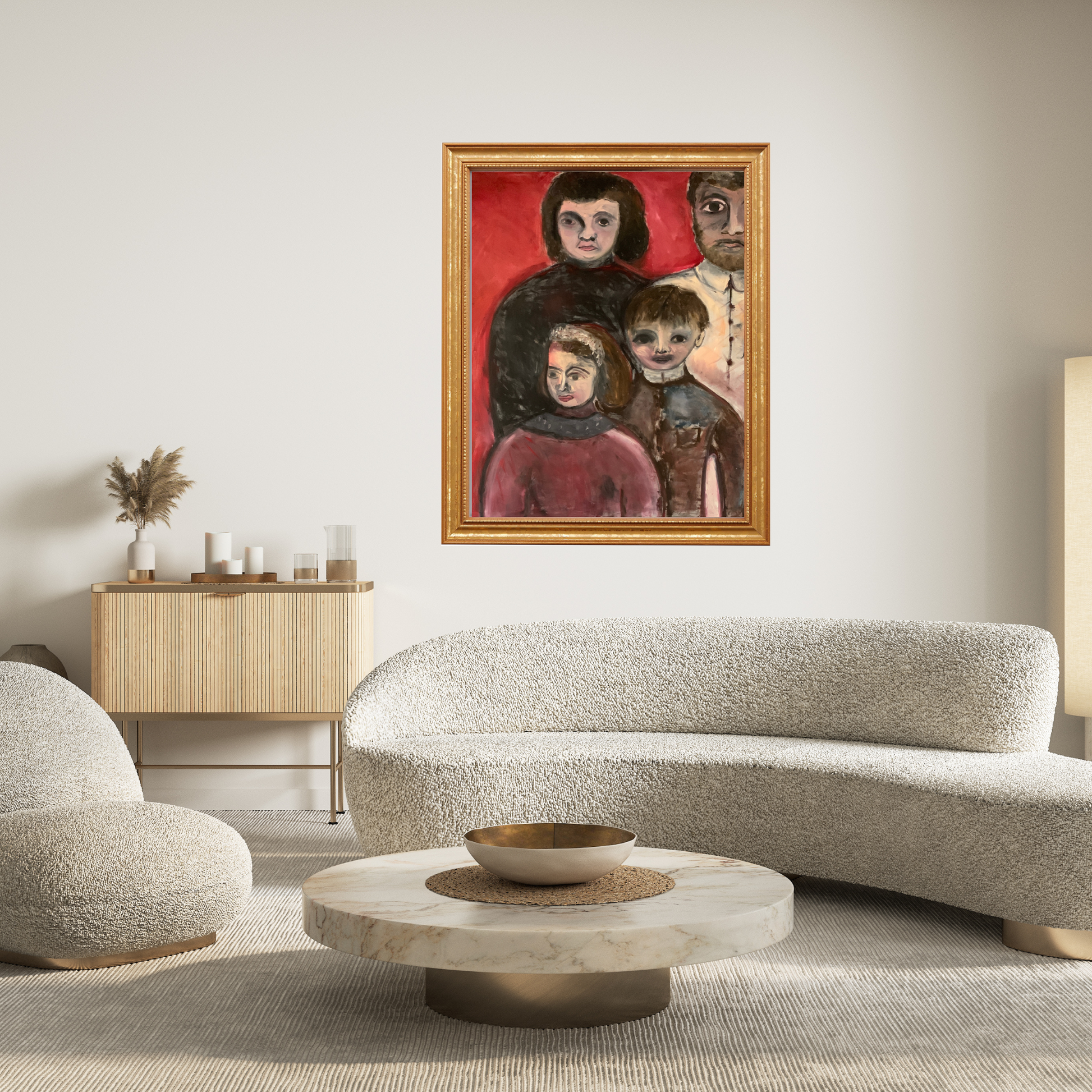  Her Kids fine art portrait print by Sara Palacios featuring museum-grade Giclée printing on archival paper. Inside a modern living room, framed in a gold frame.
