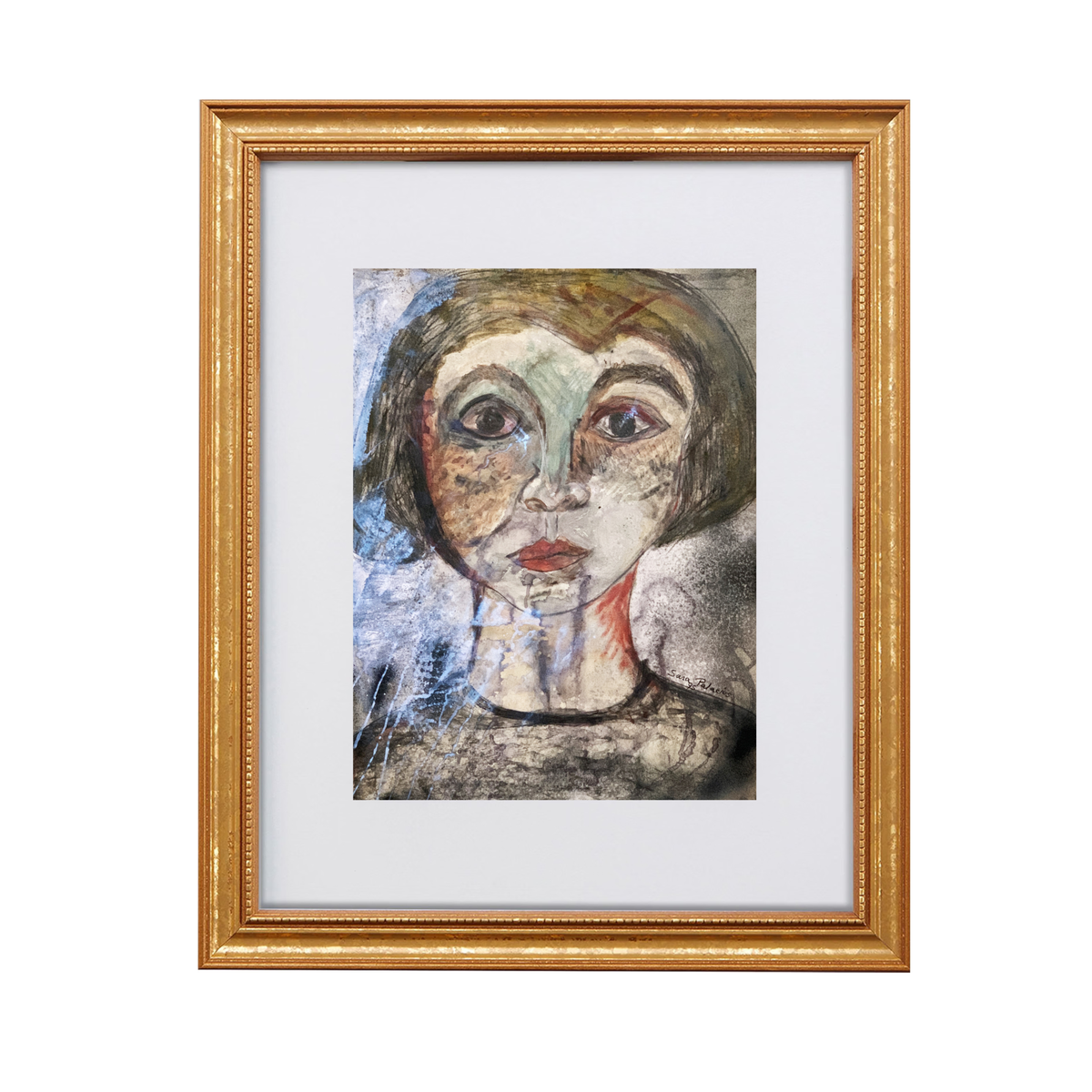 Mery fine art print by contemporary artist Sara Palacios, featuring an elegant and expressive mixed-media portrait with exceptional narrative depth and detailed gallery textures. Framed in a gold frame.