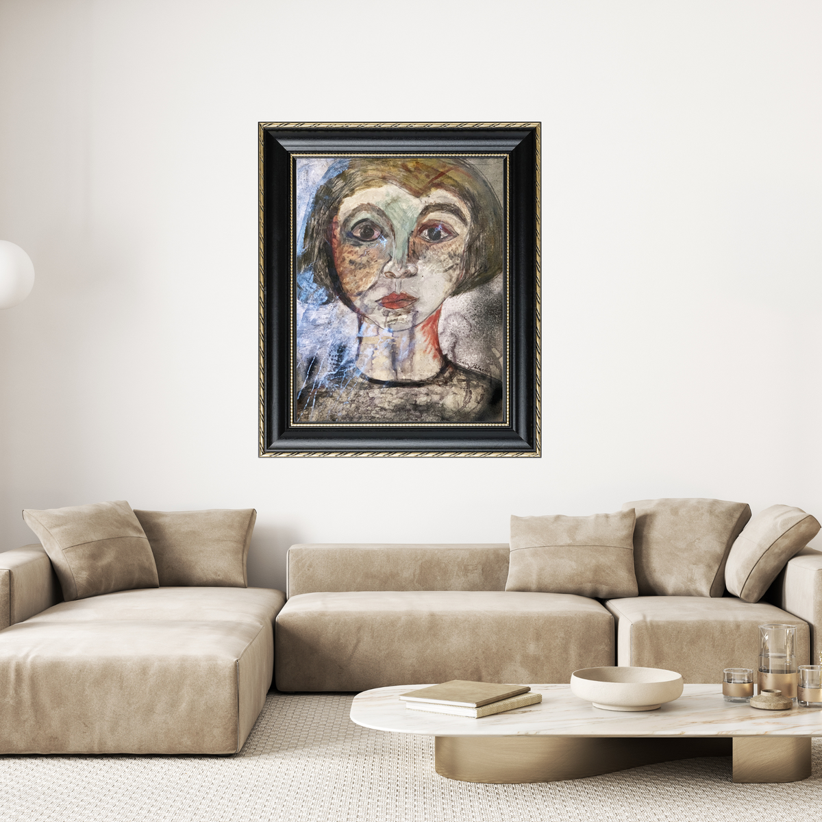  Mery fine art portrait print by Sara Palacios showcasing museum-grade Giclée printing on premium archival paper. On top of a modern sofa, framed in black and gold framed.

